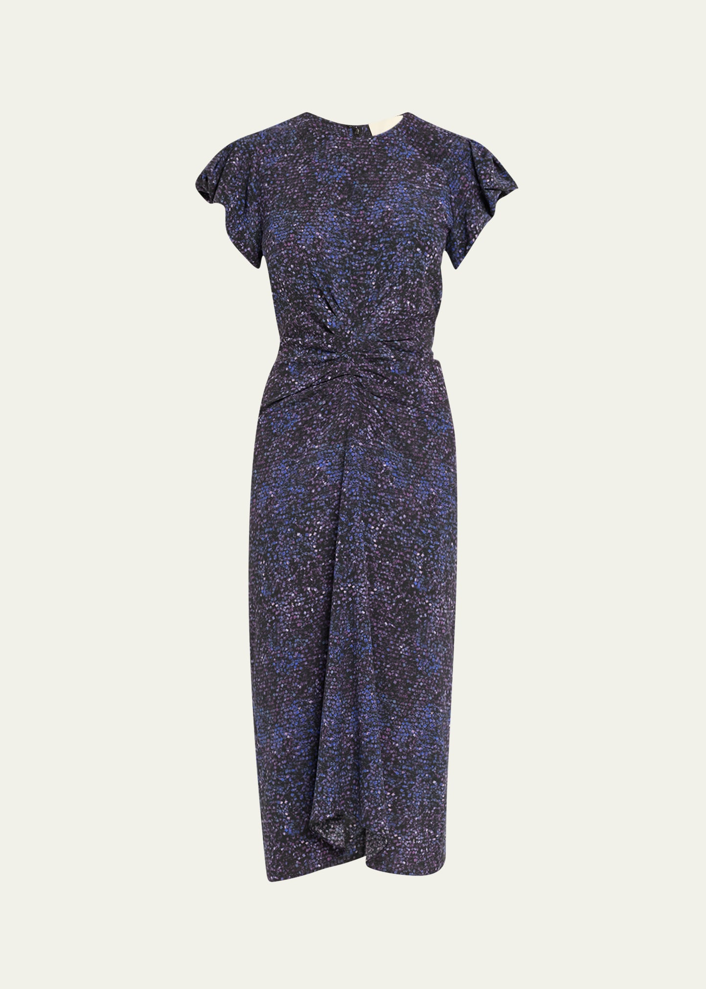 Terena Mosaic Stretch Silk Puff-Sleeve Midi Dress - 1