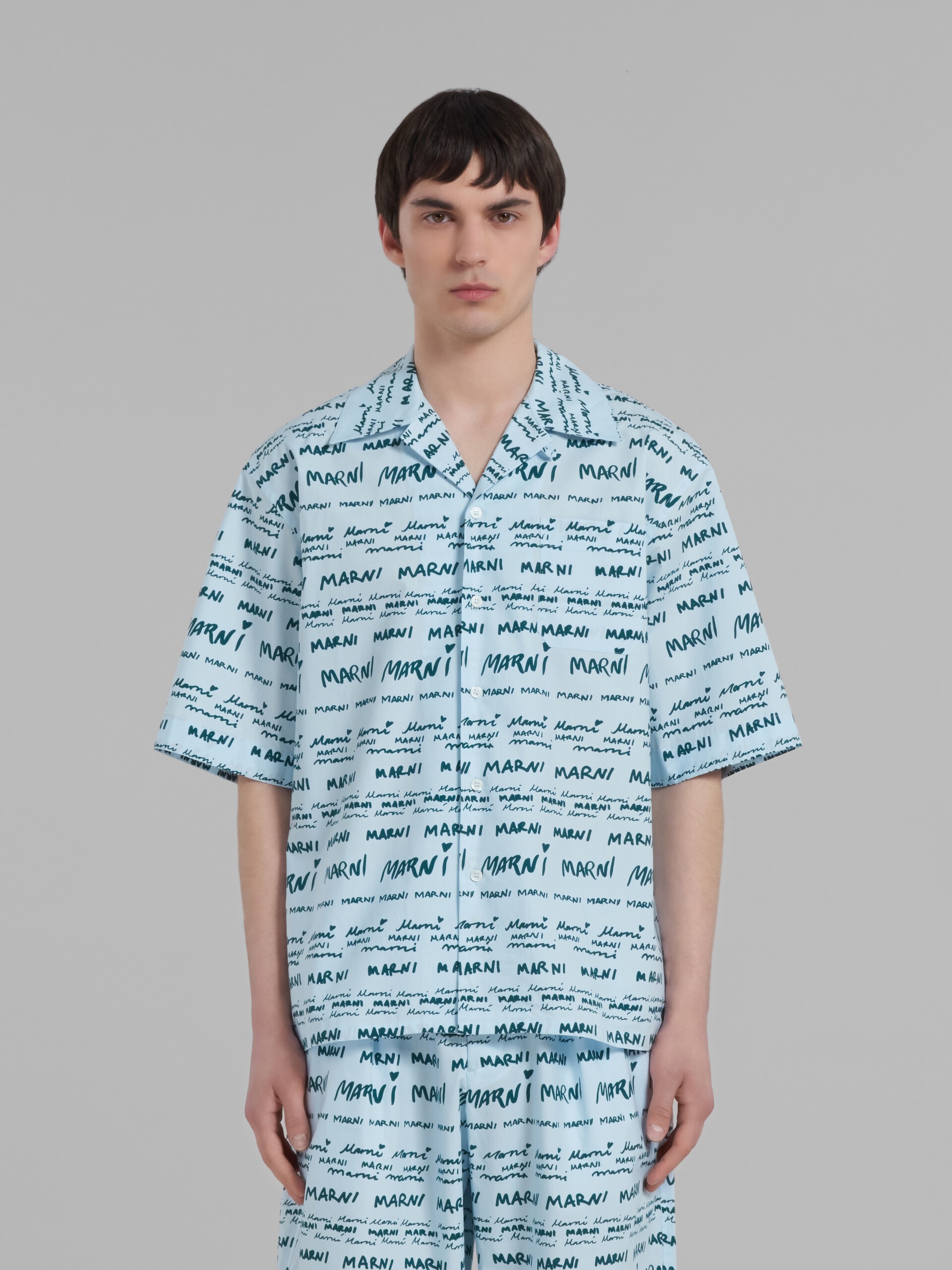 ICE BLUE COTTON BOWLING SHIRT WITH MEGA MARNI PRINT - 2