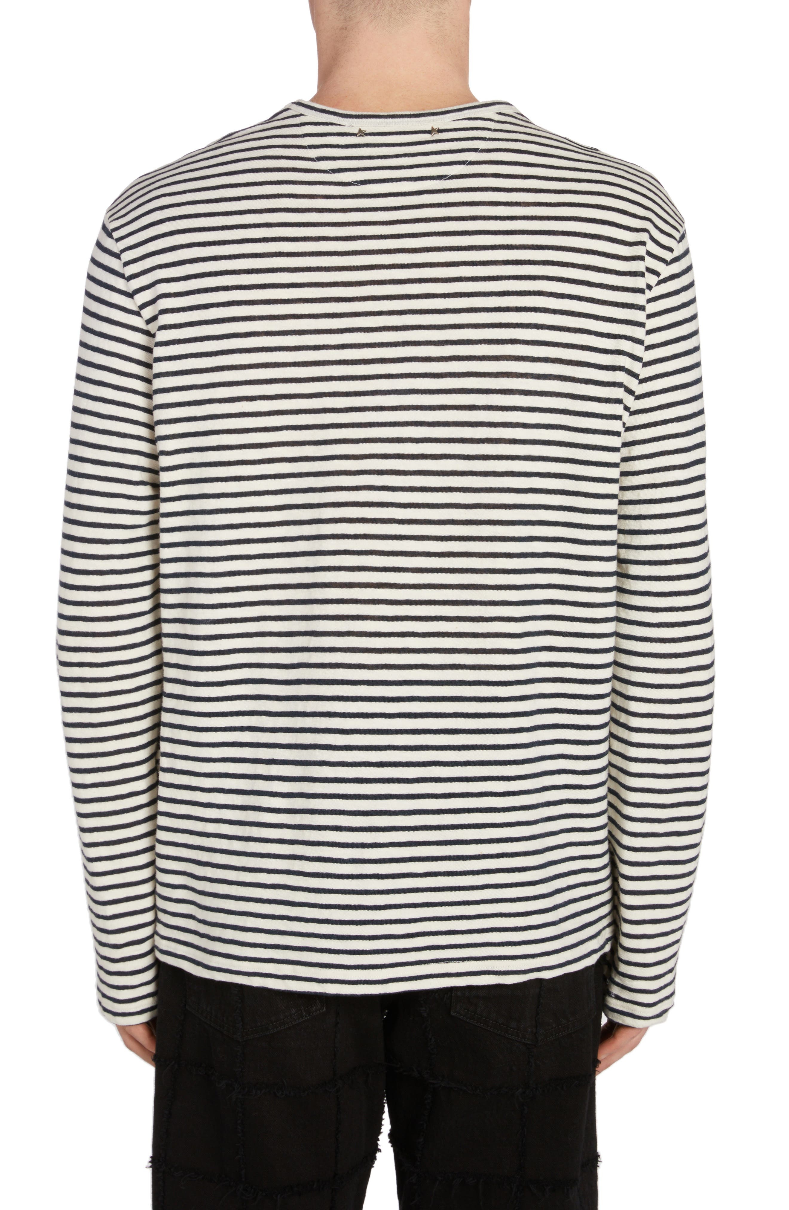 Golden Goose Embroidered Graffiti Stripe Cotton & Linen Long Sleeve T-Shirt in Ecru/Mazarine Blue at - 2
