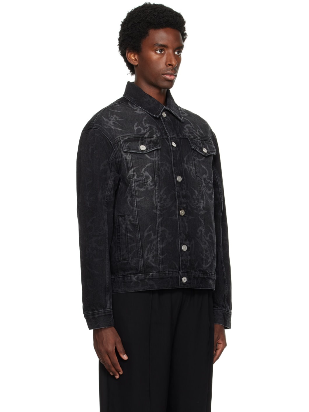 Black Printed Denim Jacket - 2