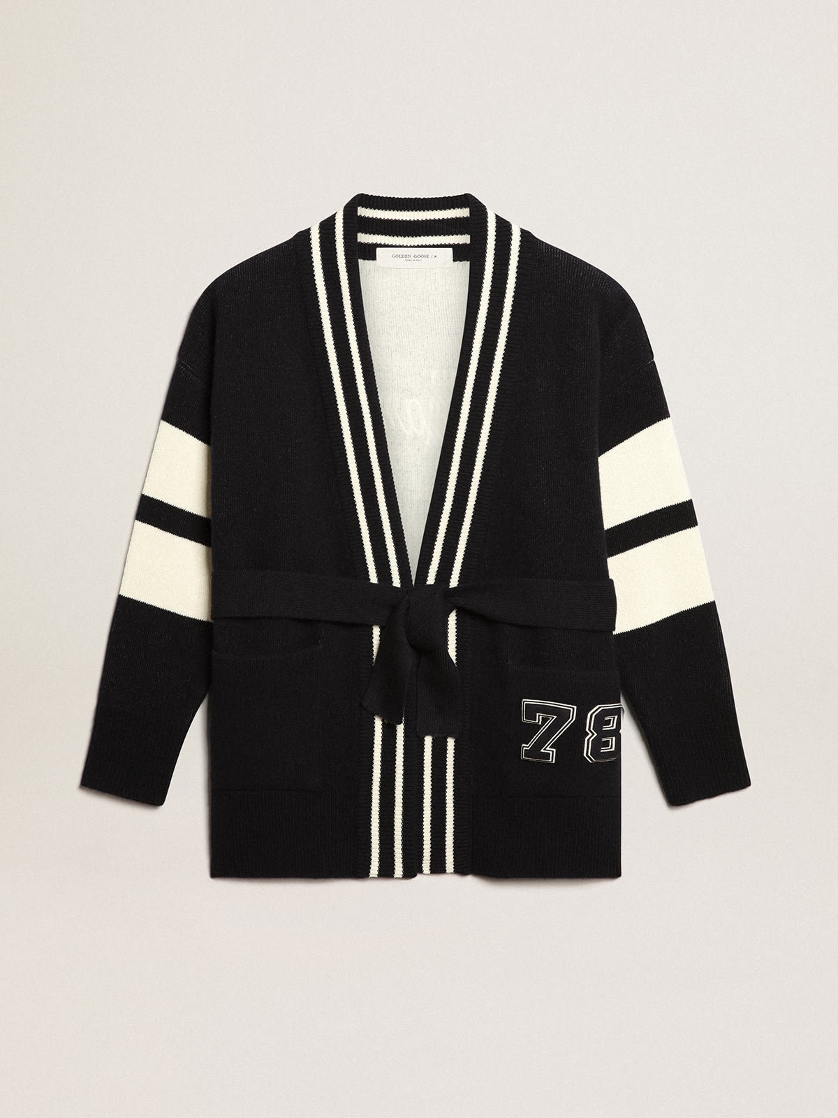 Women's blue cardigan with belt at the waist and lettering on the back - 1