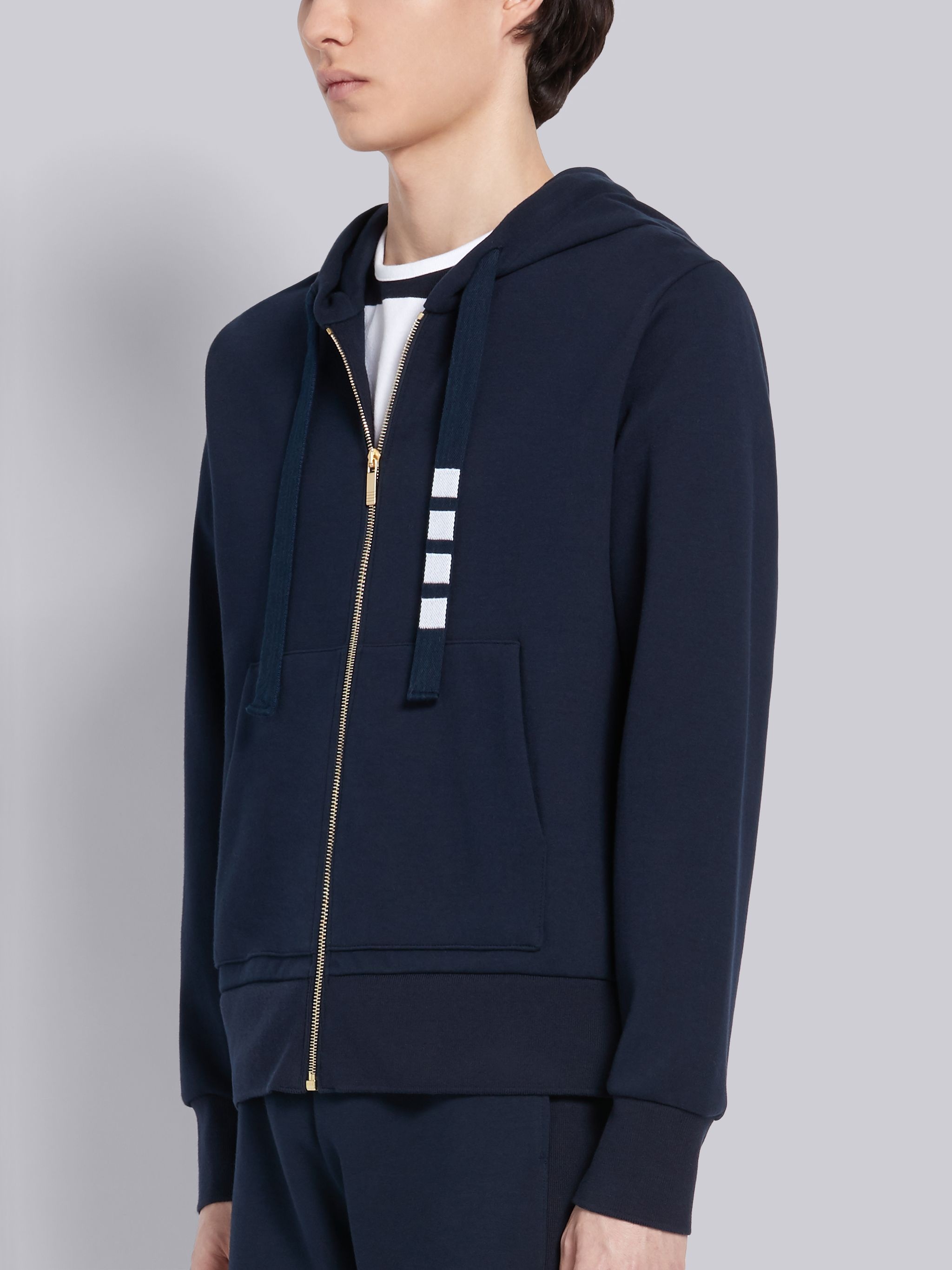 Navy Double Knit Cotton 4-Bar Zip-up Hoodie - 3