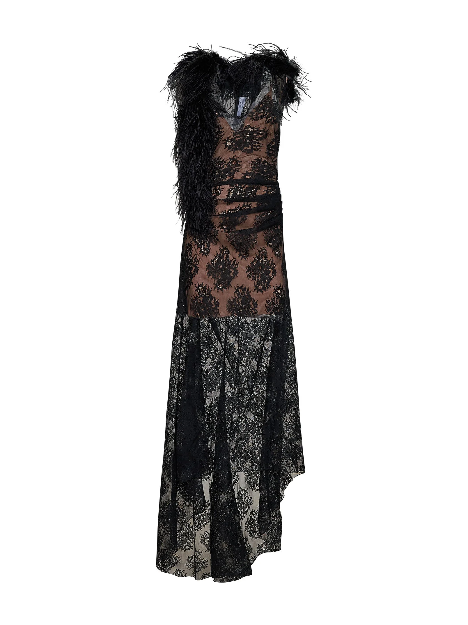 Black lace long dress with feather trim - 1