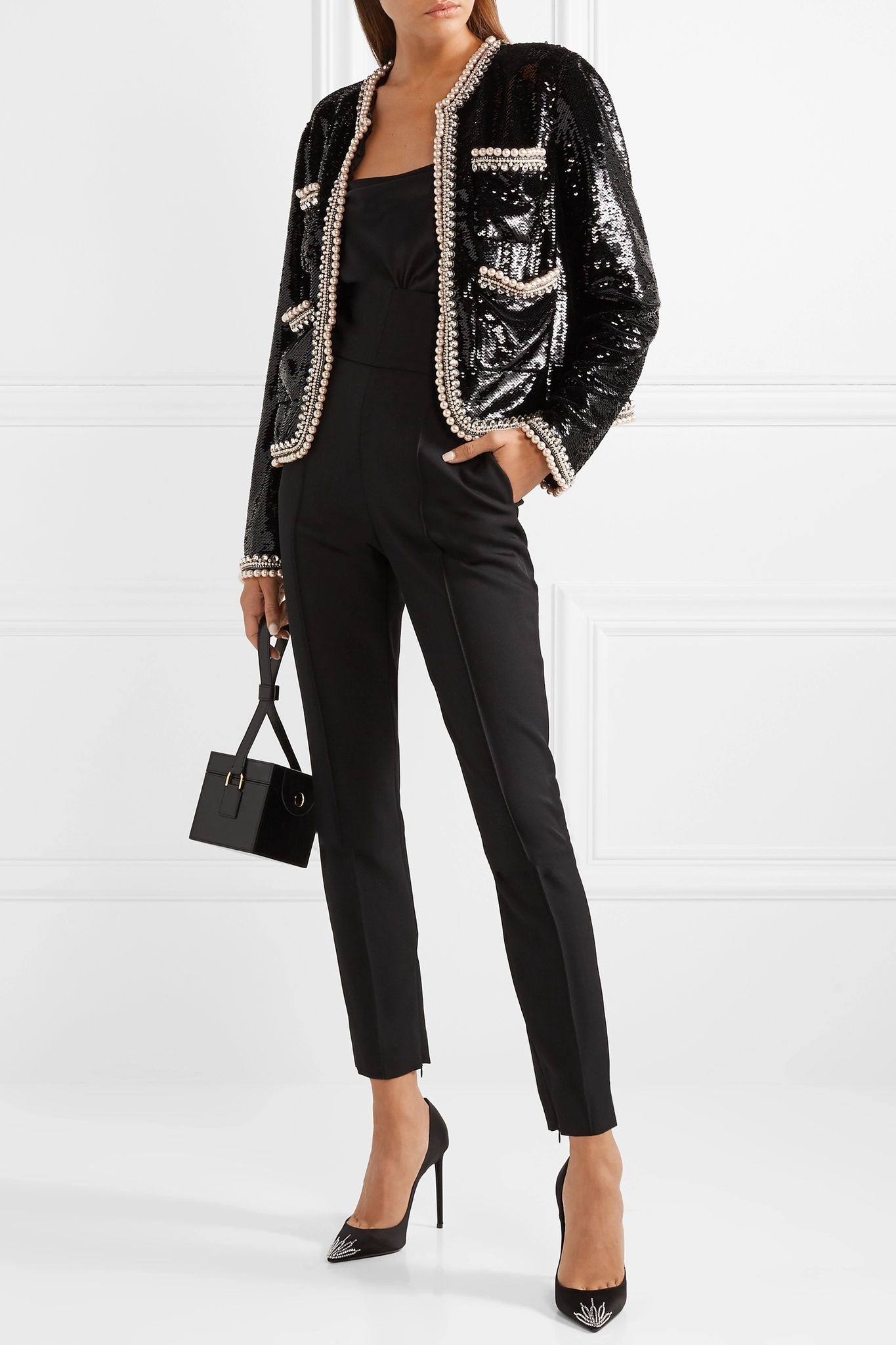 Faux pearl and crystal-trimmed sequined crepe jacket  - 2