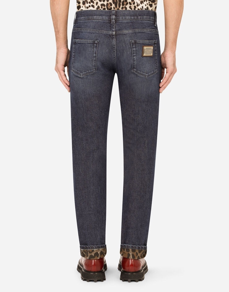 Blue wash slim-fit stretch jeans with leopard print - 2