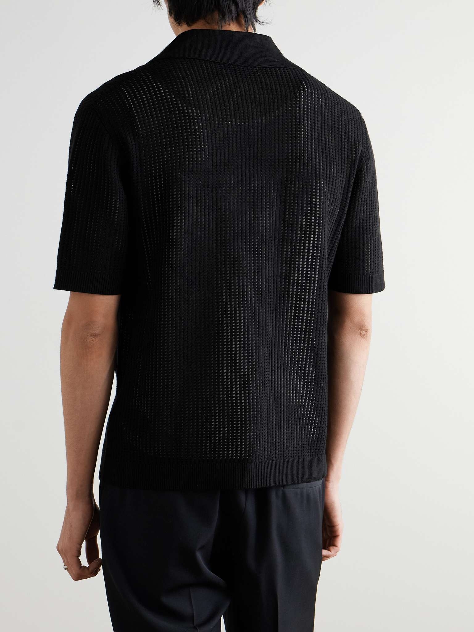 Camp-Collar Logo-Embroidered Open-Knit Cotton Shirt - 3