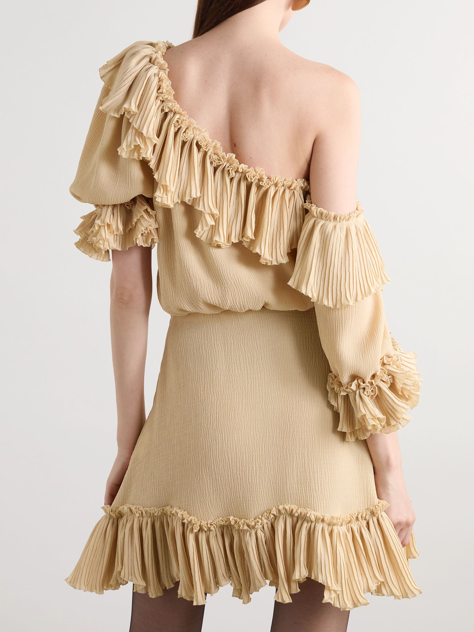 Off-the-shoulder ruffled silk-crepon mini dress Beige - 4