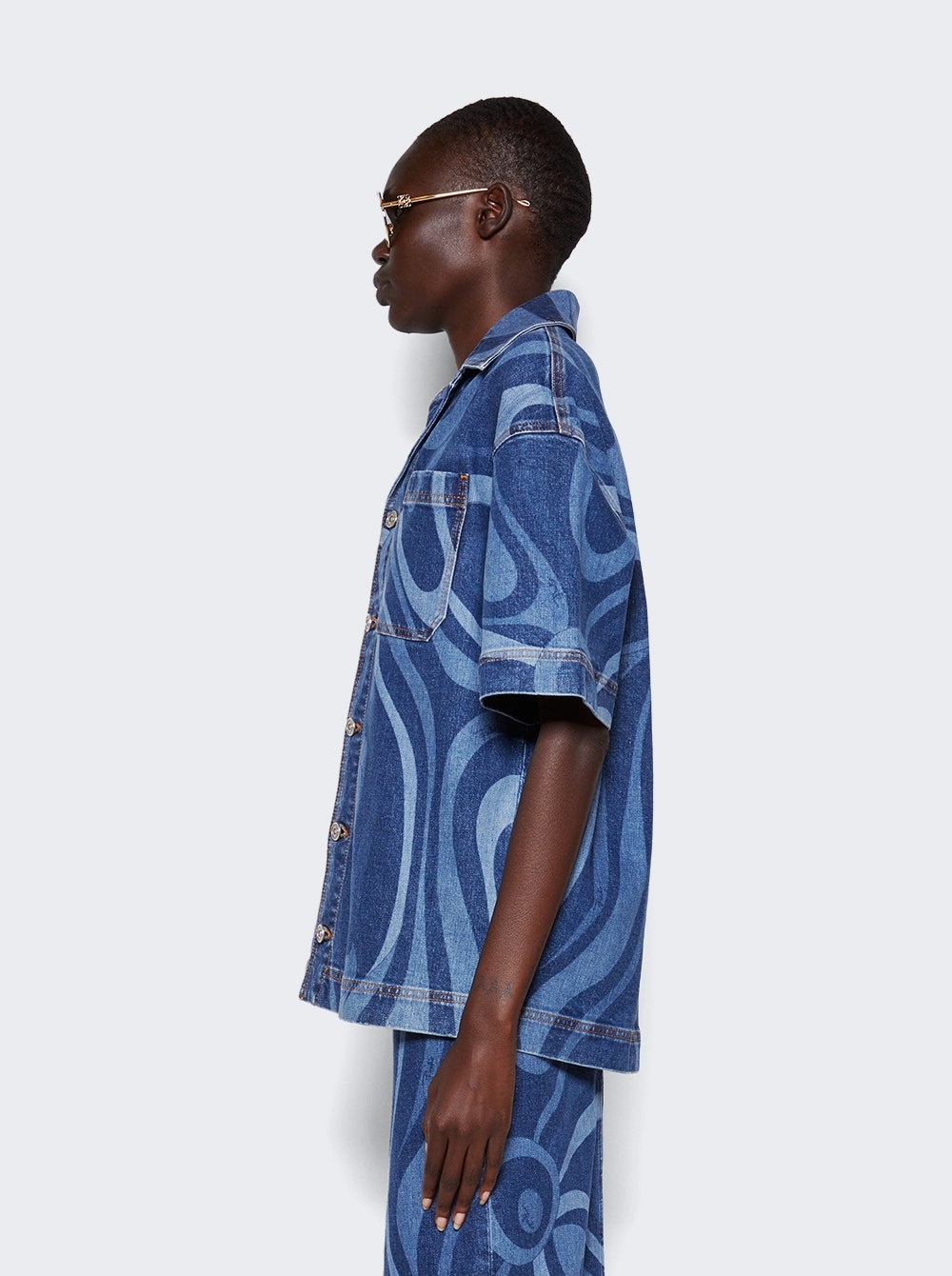 Marmo-Print Short Sleeve Denim Shirt Blue - 4