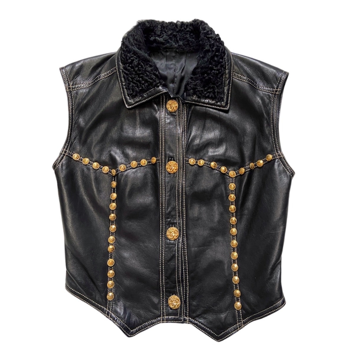 Gianni Versace Fall 1992 Midnight Cowgirl Lambskin Leather Vest with Mongolian Hair Collar and Gold  - 7