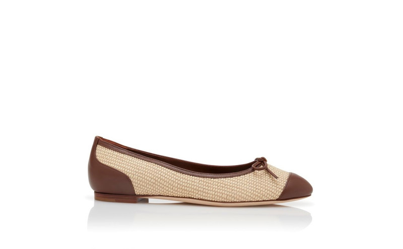 Cream and Brown Raffia Ballerina Flats - 1
