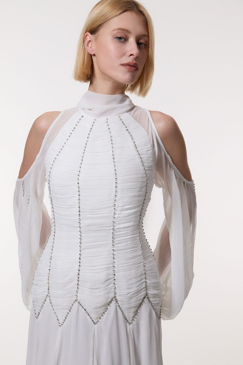 KAREN MILLEN High Neck Embellished Ruched Georgette Woven Maxi Dress outlook