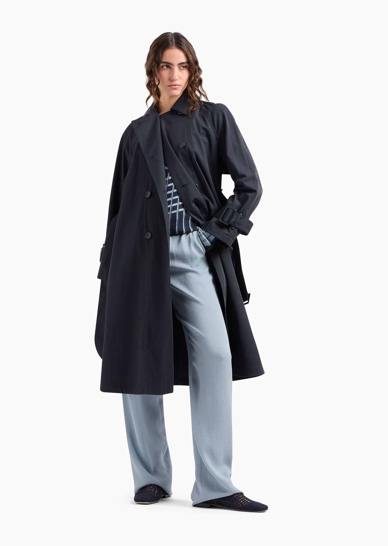 EMPORIO ARMANI Double breasted trench coat with belt in water repellent technical cotton REVERSIBLE