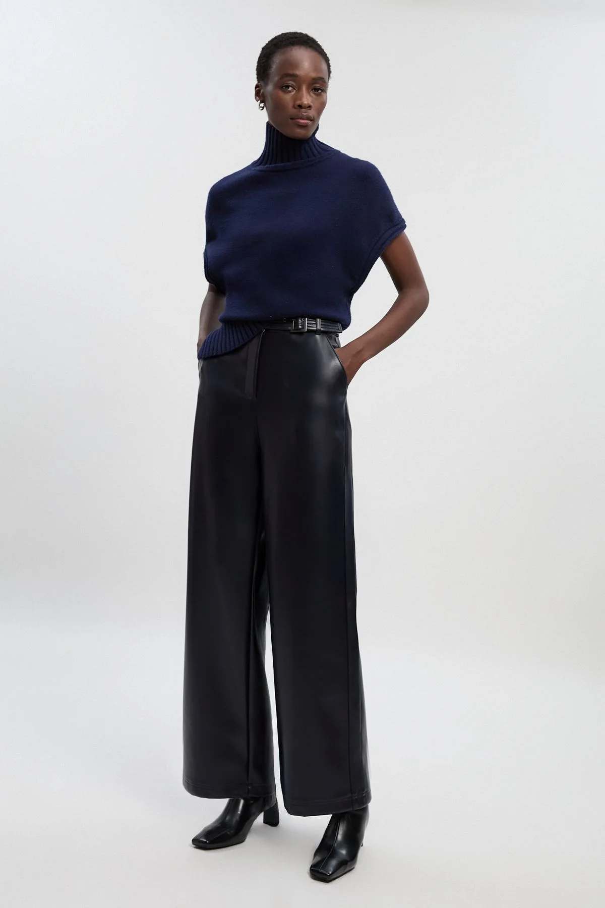 Faux Leather Belt Detail Trousers - 1