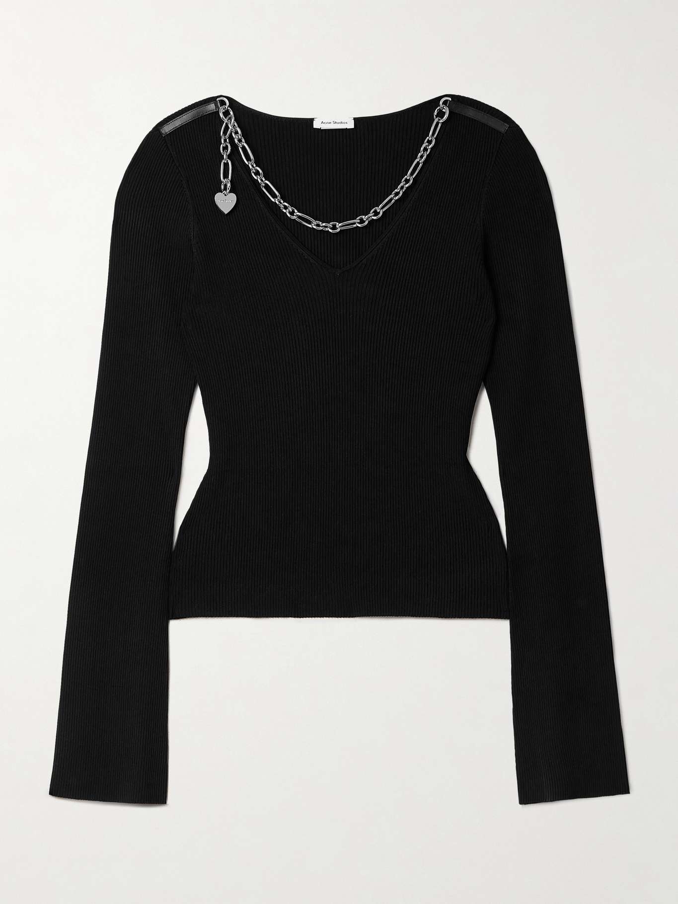 Chain-embellished leather-trimmed ribbed-knit sweater - 1