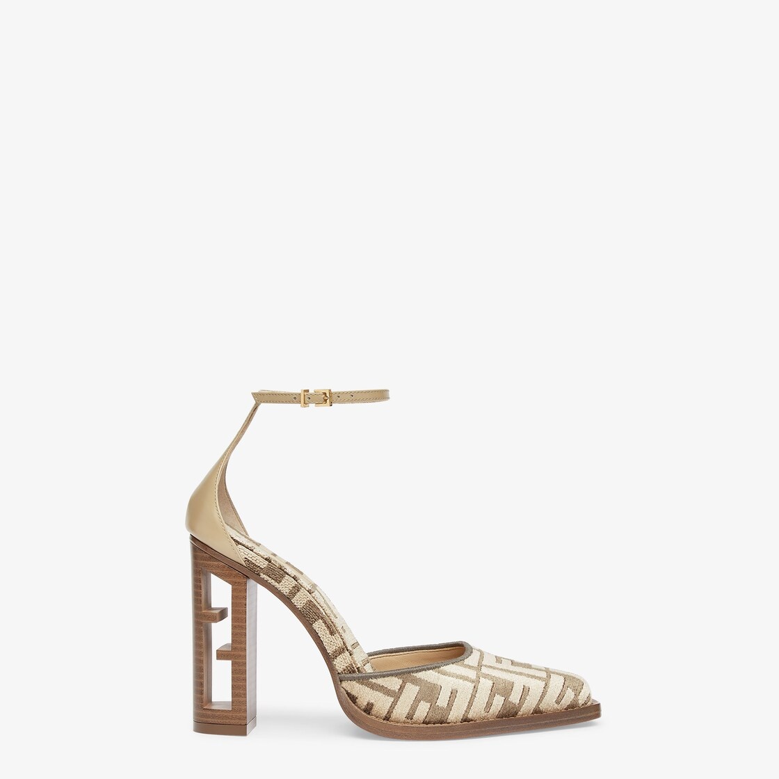 Beige, high-heeled FF chenille court shoes - 1