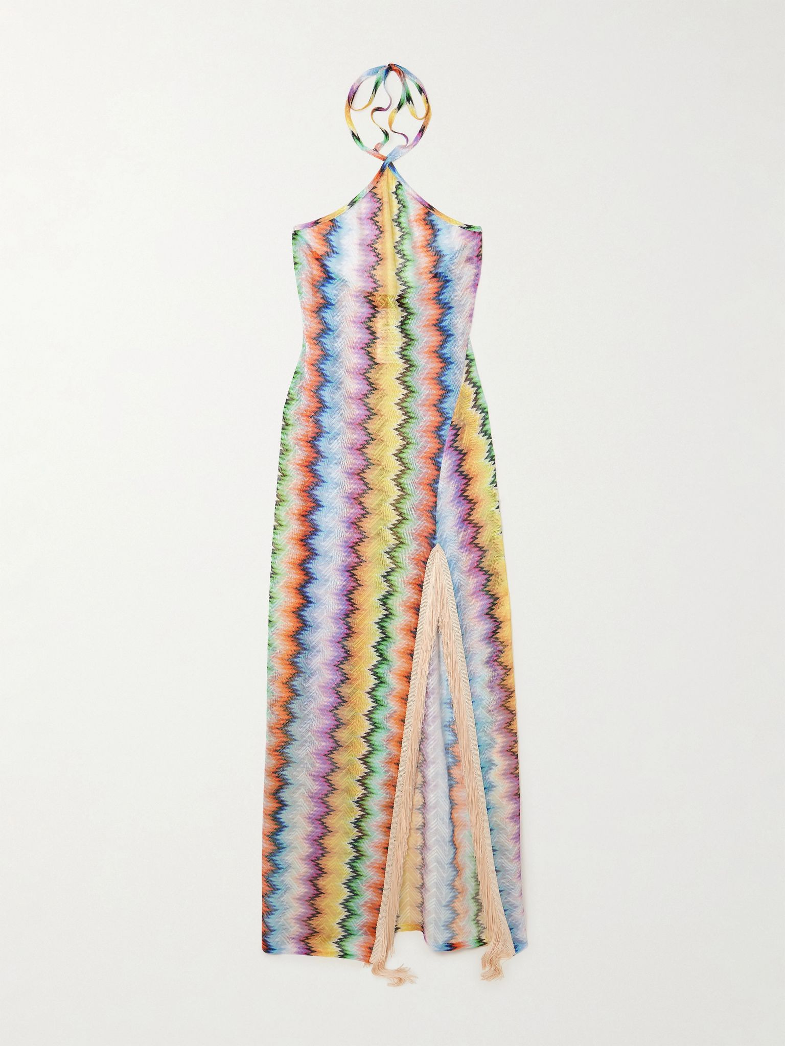 Fringed striped crochet-knit halterneck maxi dress Multi - 1