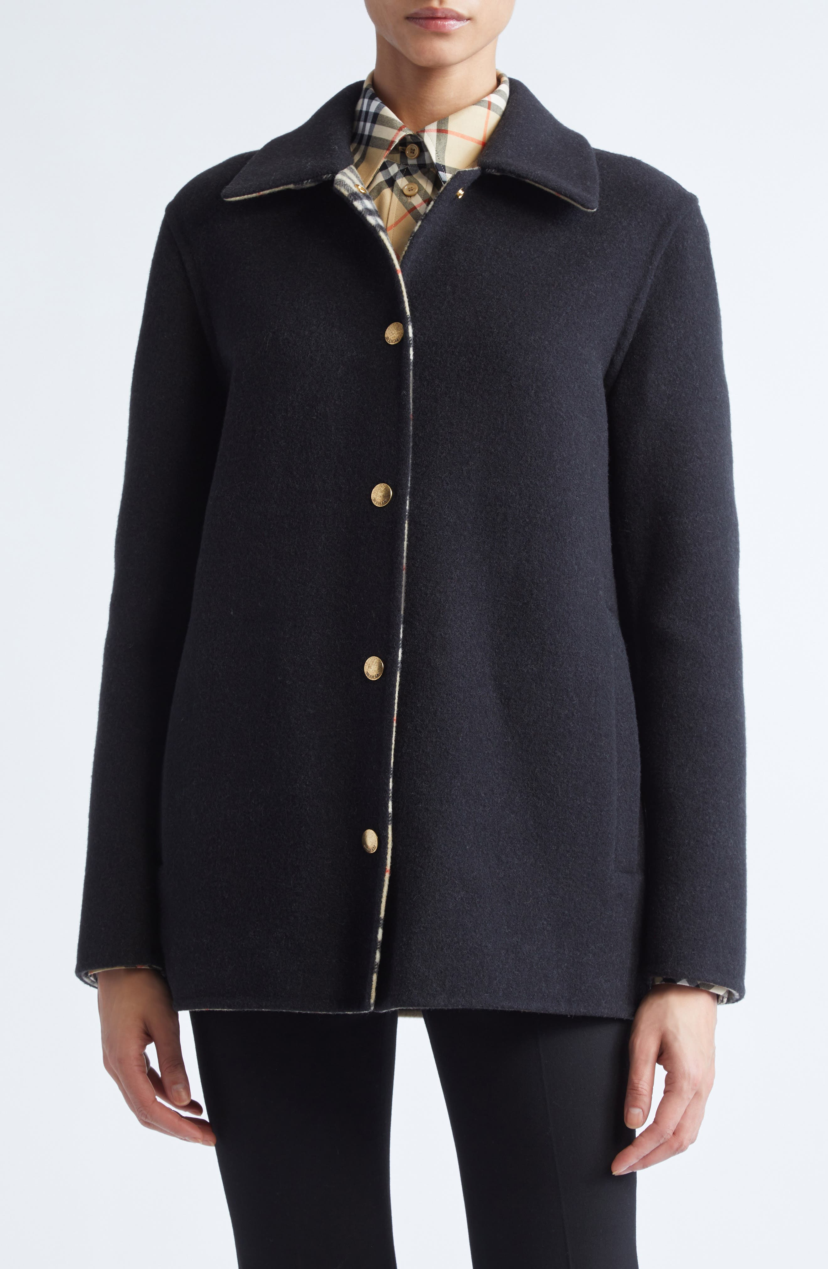 burberry Double Face Wool Twill Overshirt in Black/Sand Ip Check at Nordstrom - 1