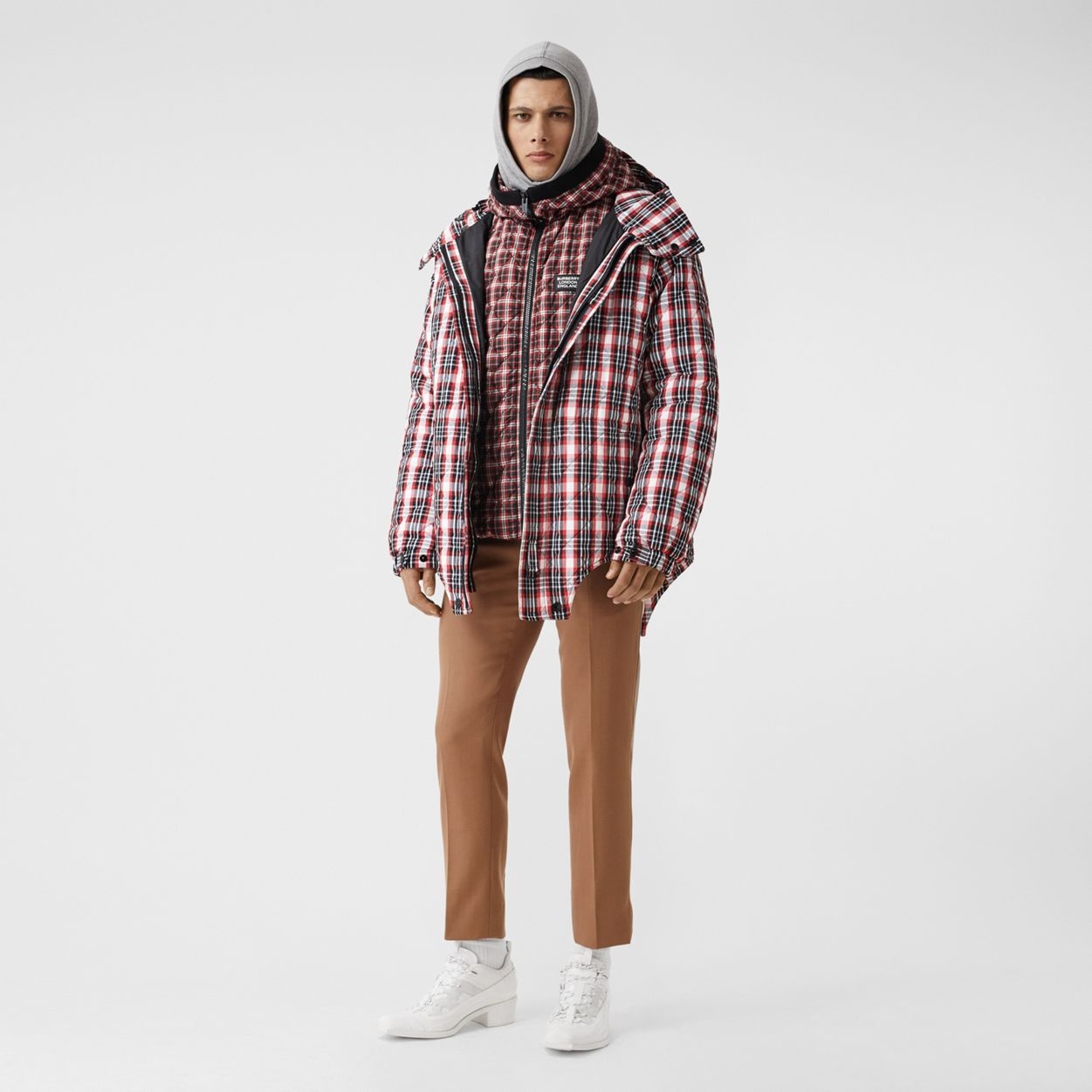 Cut-out Hem Diamond Quilted Check Nylon Parka - 2