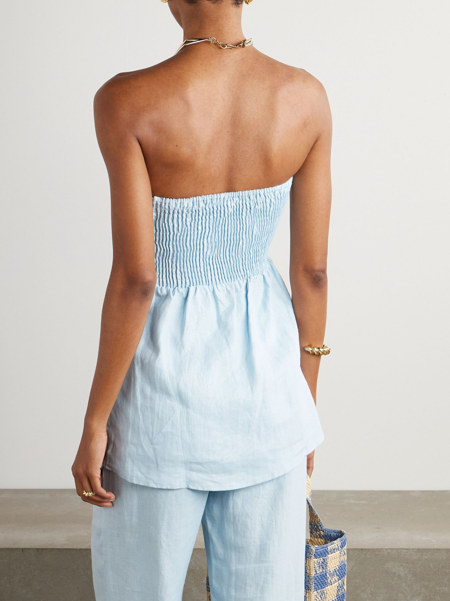 Boe strapless gathered shirred linen tunic Light blue - 3