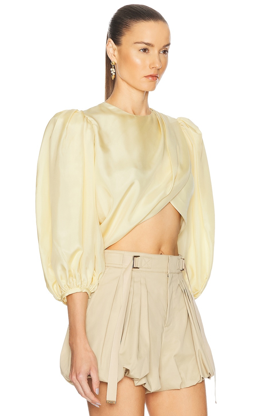 Cropped Puff Sleeves Draped Top - 2