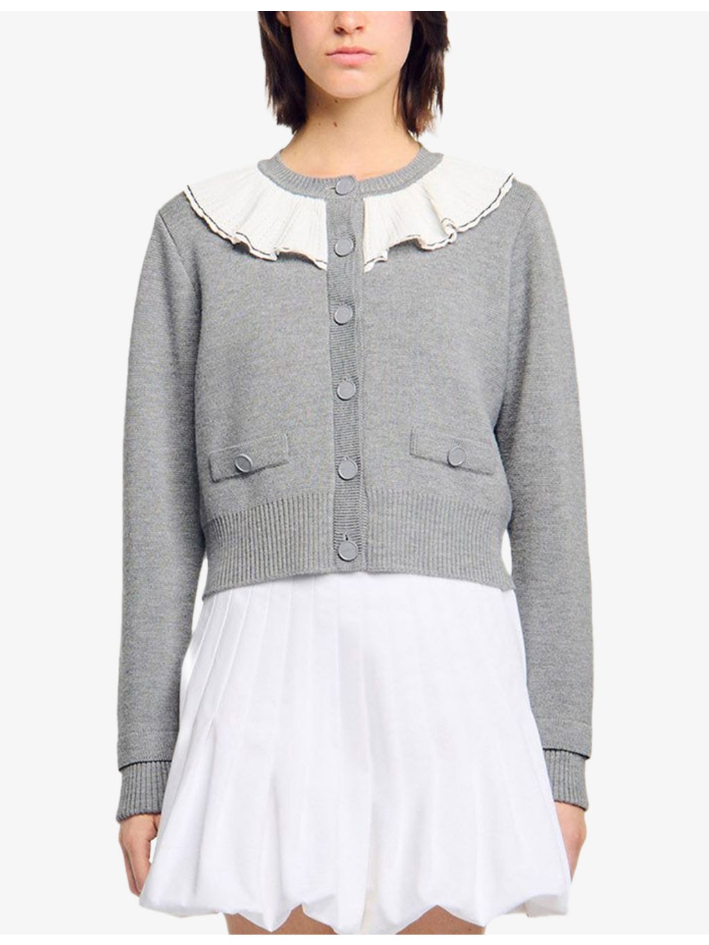 Contrast-Collar Button-Down Knitted Cardigan - 3