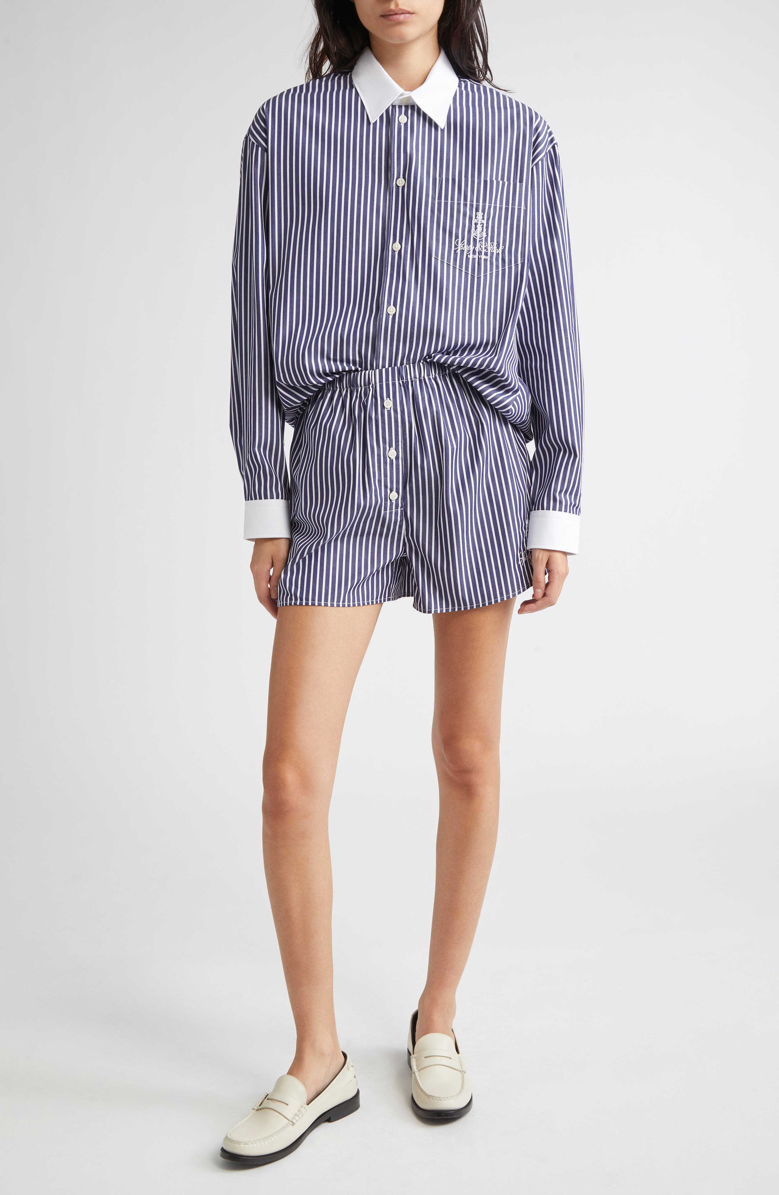 Sporty & Rich Vendome Stripe Cotton Boxer Shorts in Blue Striped at Nordstrom - 2