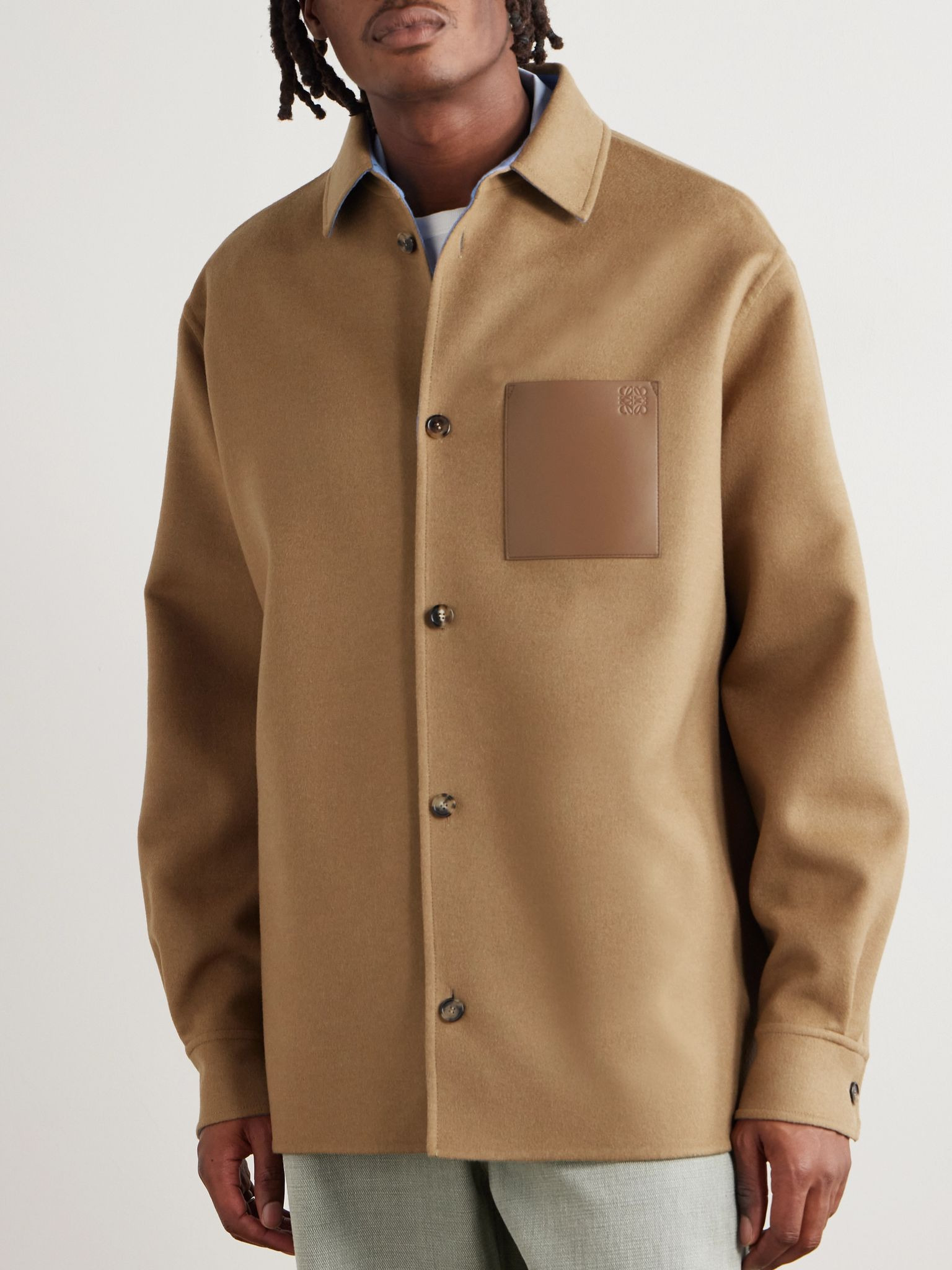 Logo-Debossed Leather-Trimmed Brushed Wool and Cashmere-Blend Overshirt Beige - 3
