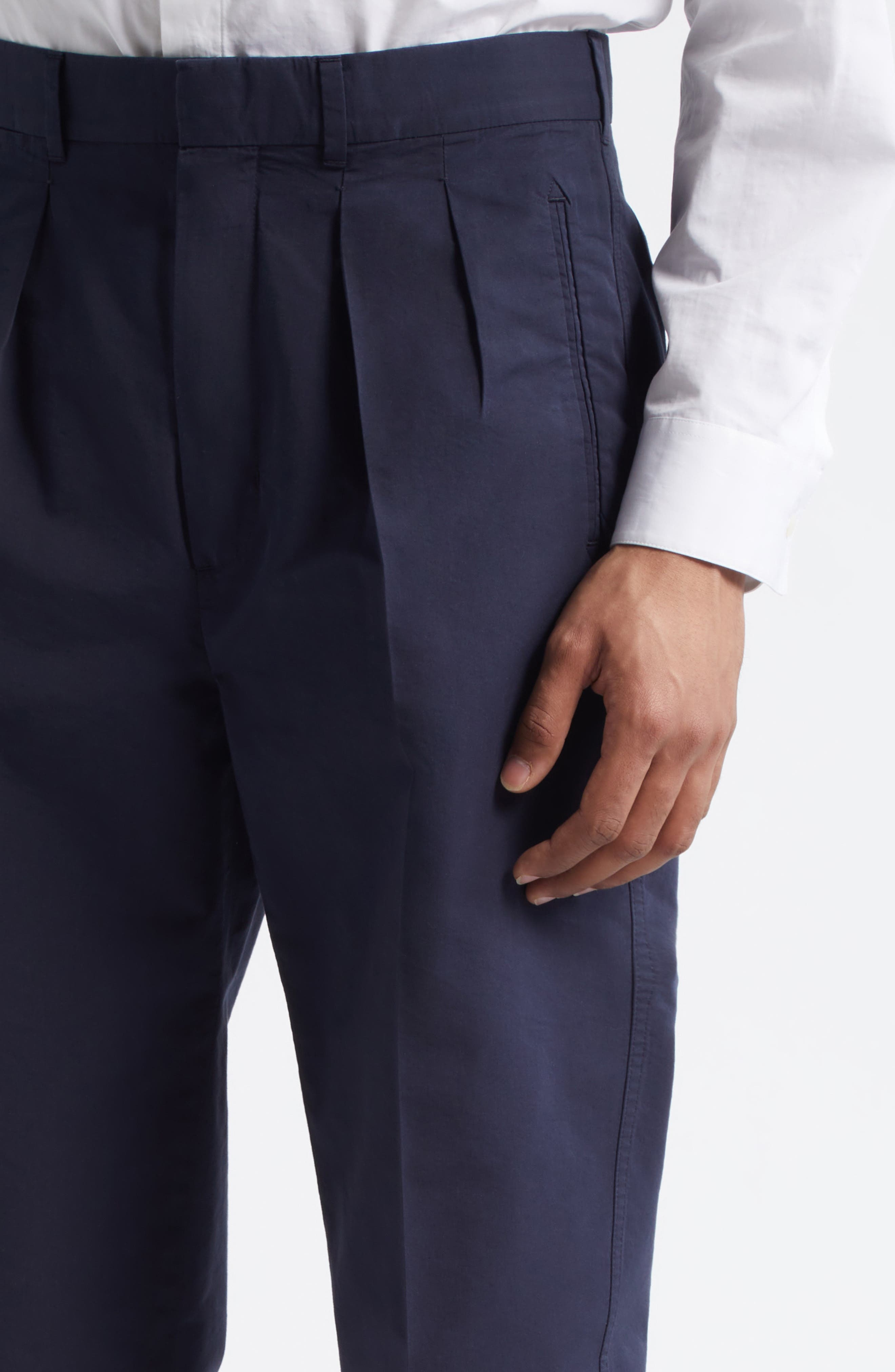 TOM FORD Fluid Double Pleat Cotton & Silk Poplin Pants in Navy at Nordstrom - 5