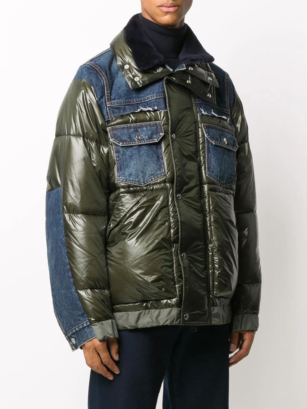 denim-panelled puffer jacket - 3