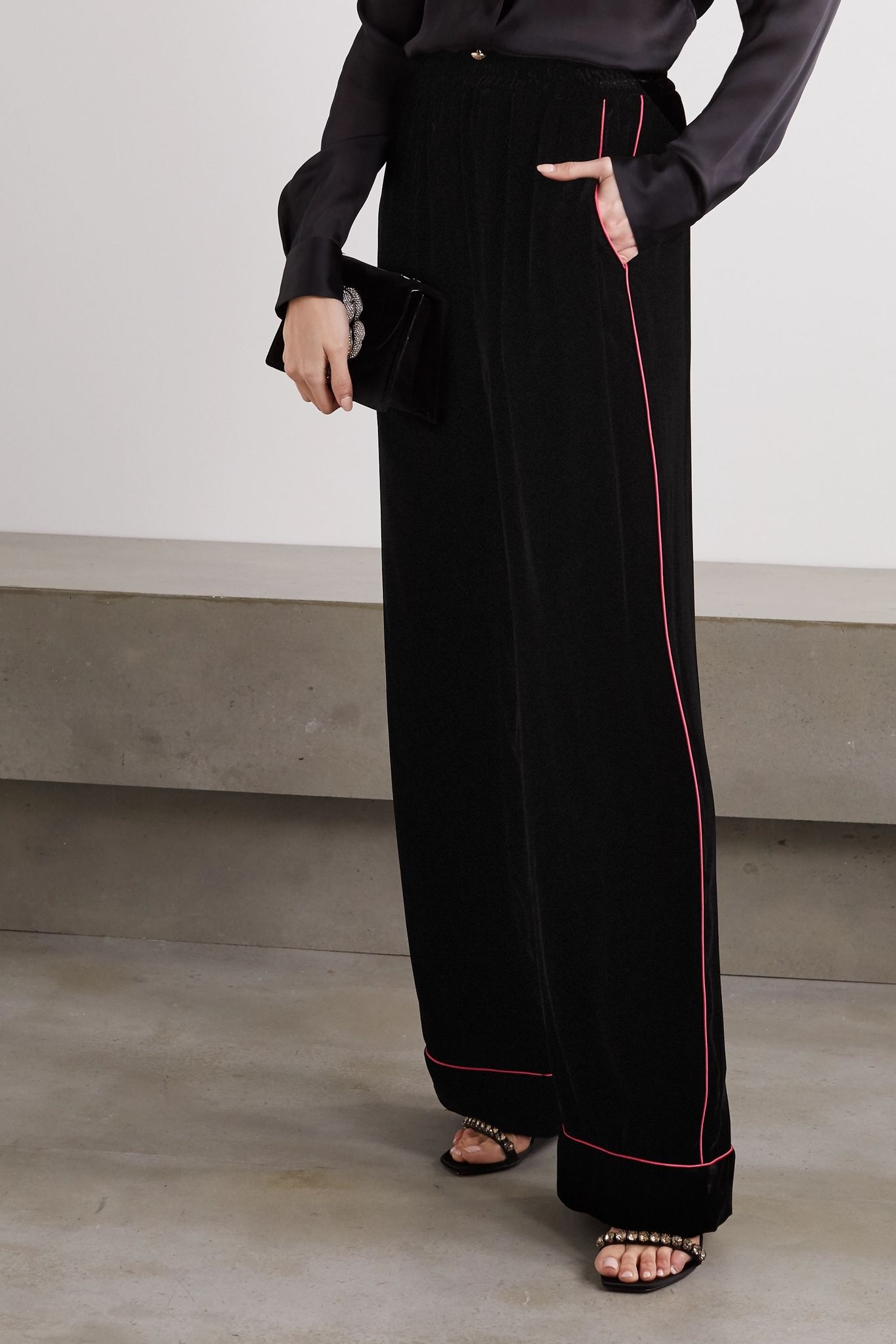 Piped velvet wide-leg pants - 3