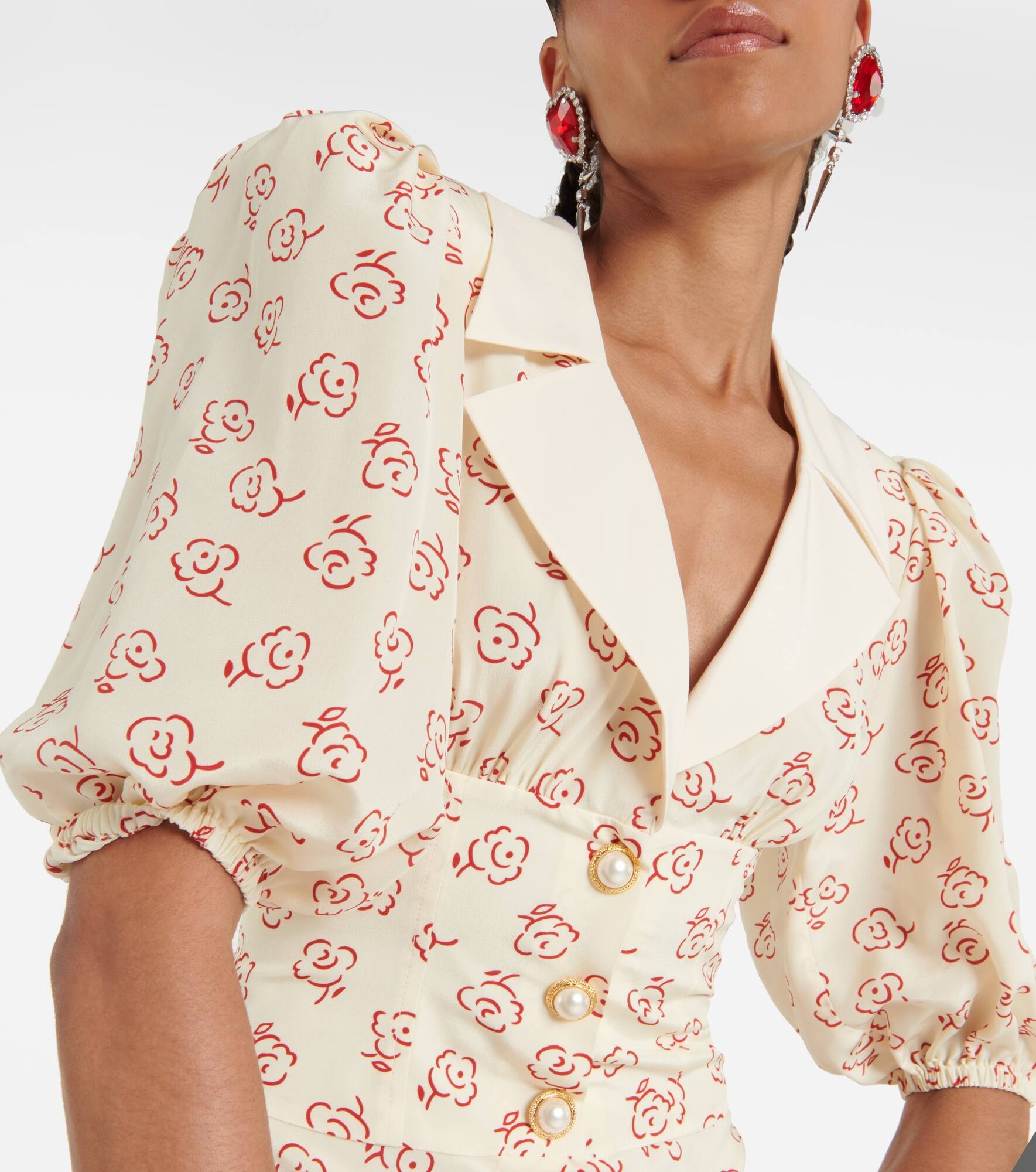 Puff-Sleeve Floral Silk Midi Dress print - 5