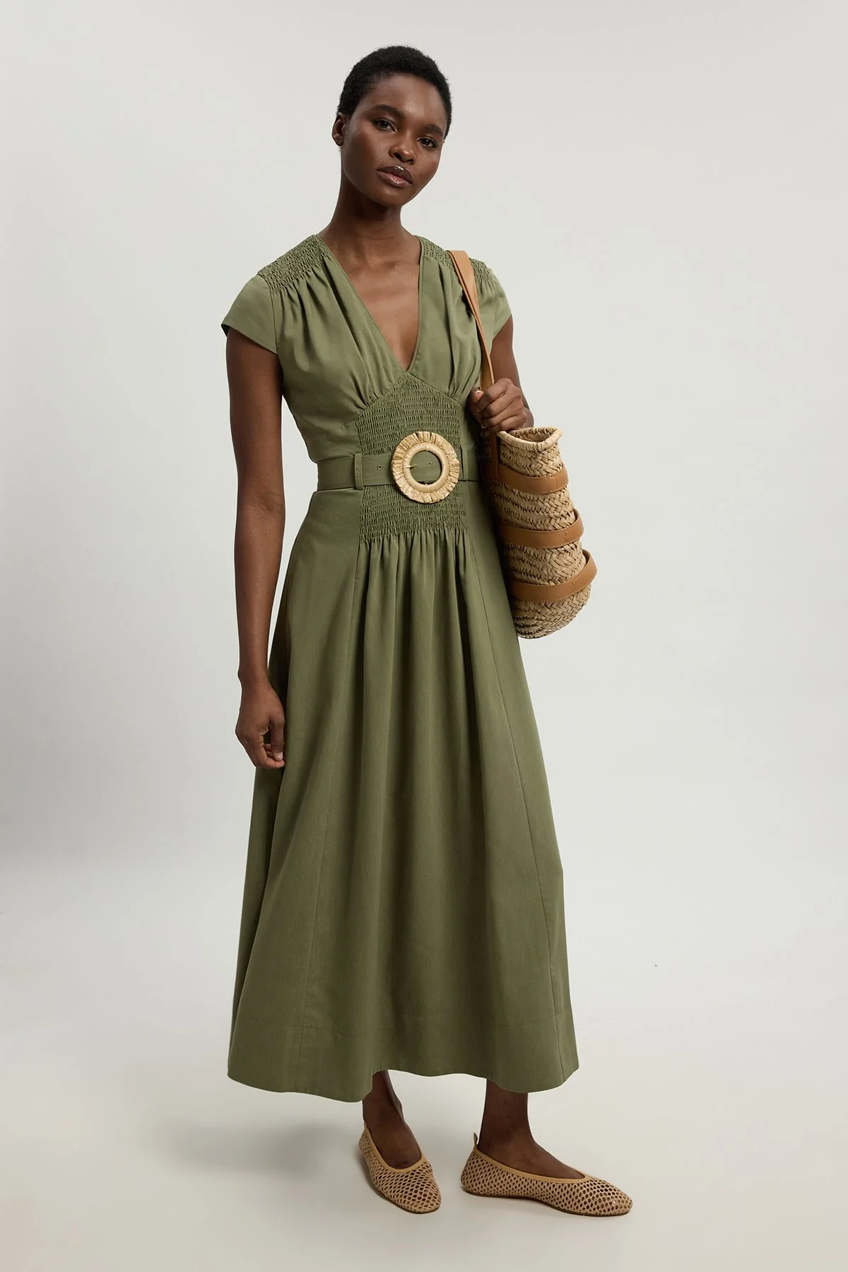 Shirred V Neck Belt Detail Woven Maxi Dress - 1