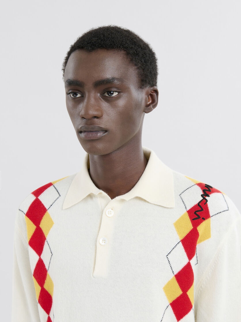 LONG SLEEVED IVORY POLO SHIRT WITH INTARSIA ARGYLE DETAIL - 4