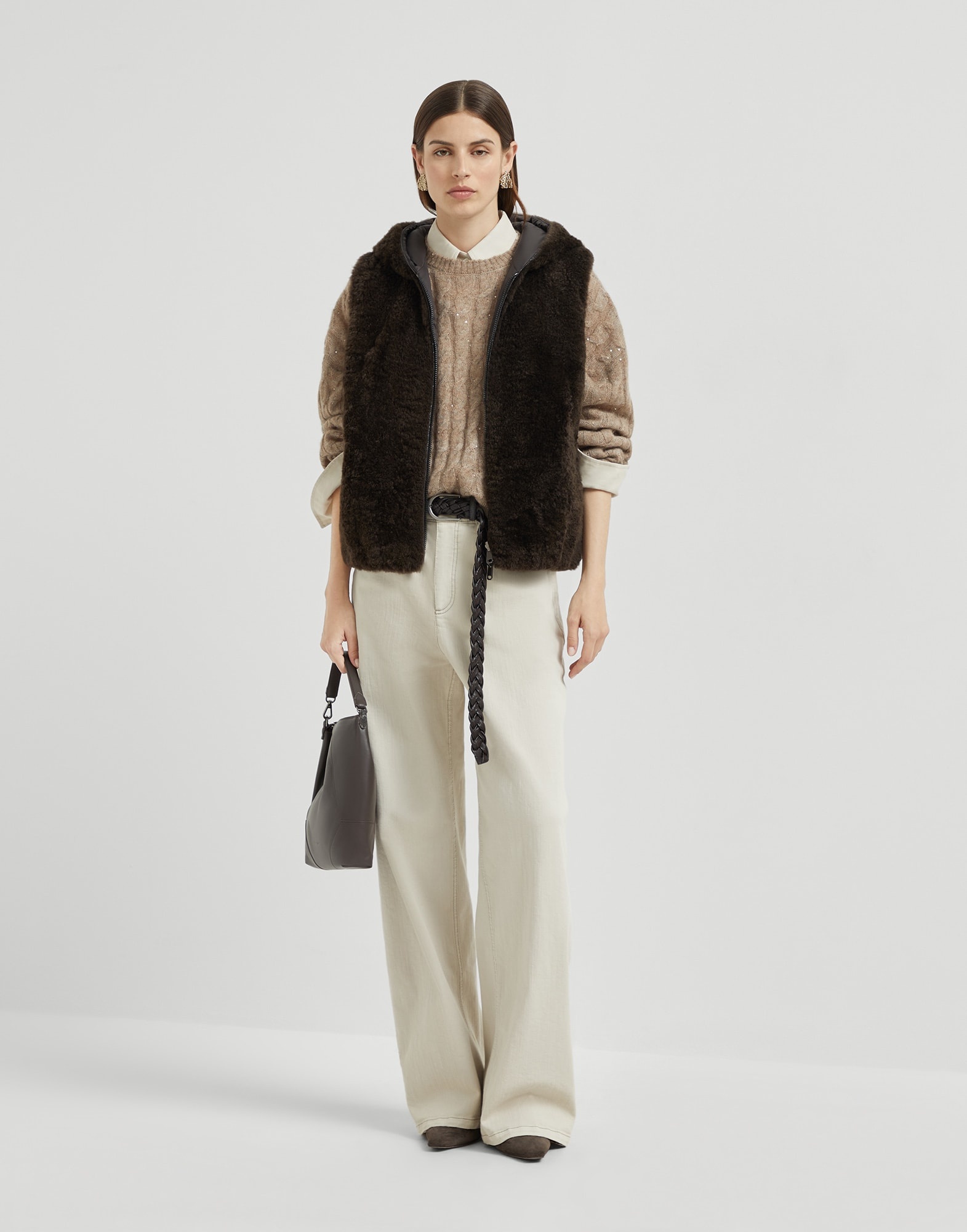 Cashmere shearling reversible hooded vest with precious trim - 5