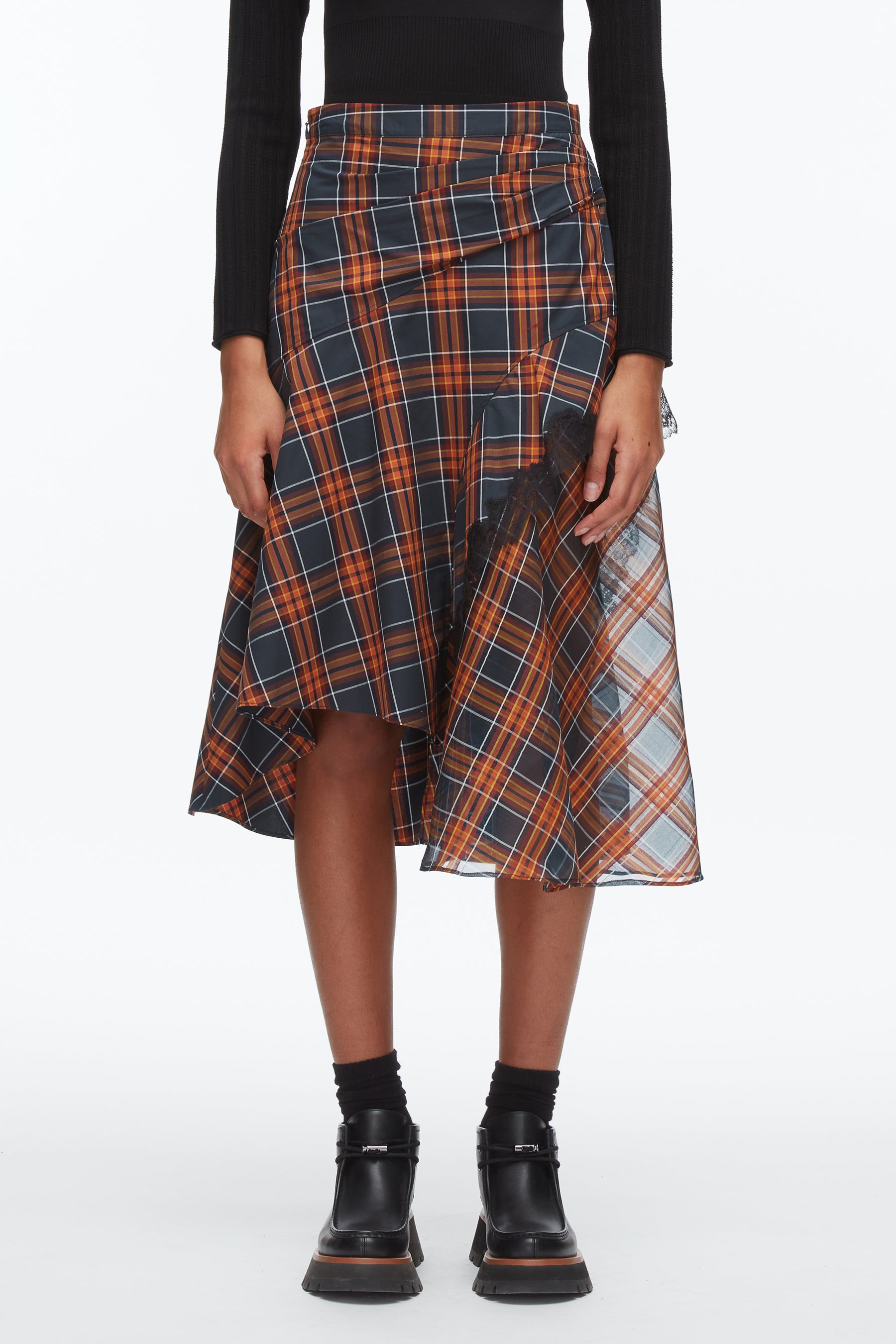 Plaid Mix Draped Midi Skirt - 3