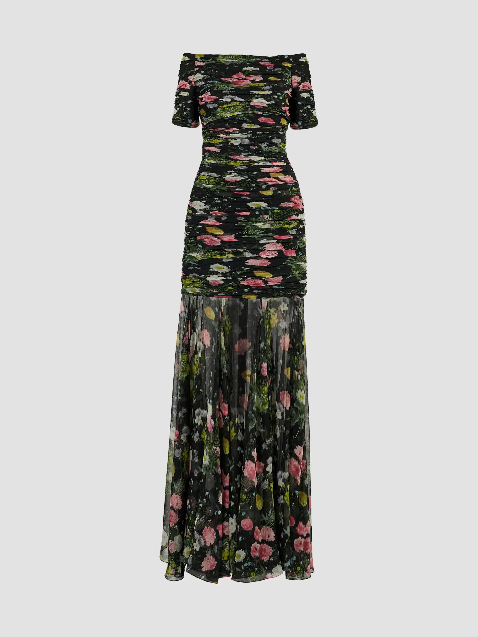 Women's Floral Silk Ruched Off-Shoulder Gown - Black Multi - 1