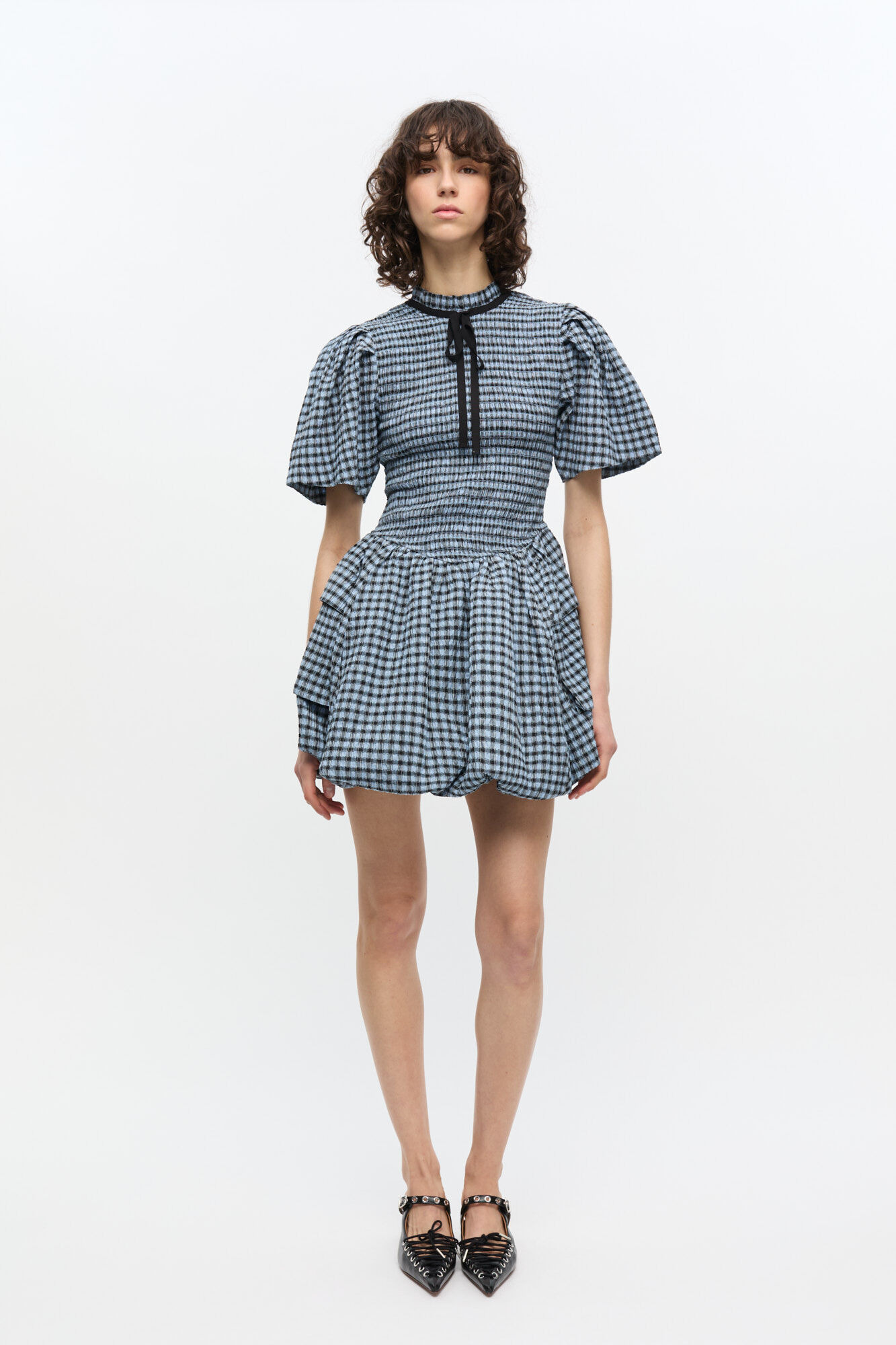 BLUE SEERSUCKER CHECK MINI SMOCK DRESS - 2