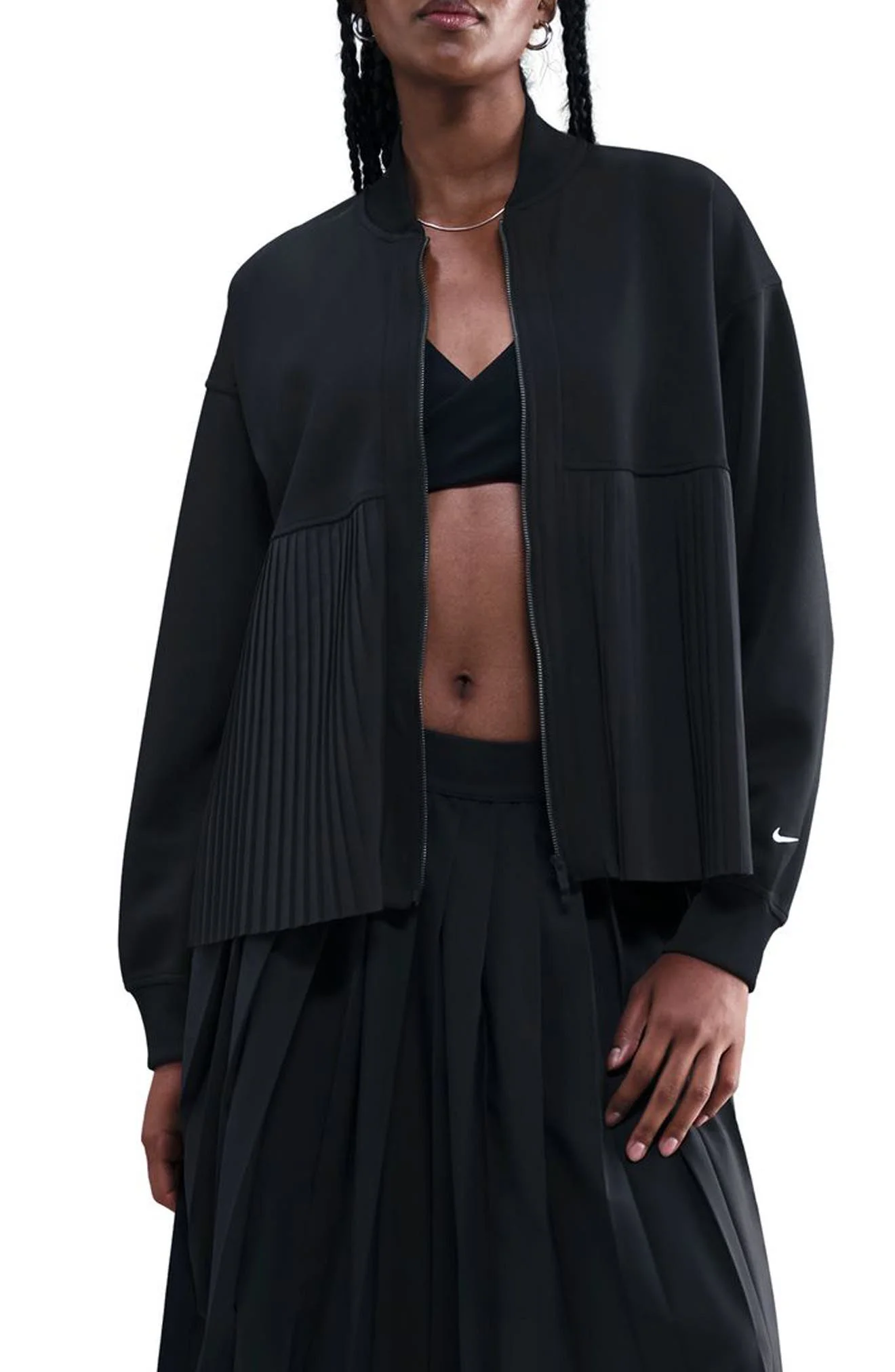 Nike Sportswear Mixed Media Pleated Bomber Jacket in Black/Sail at Nordstrom - 1