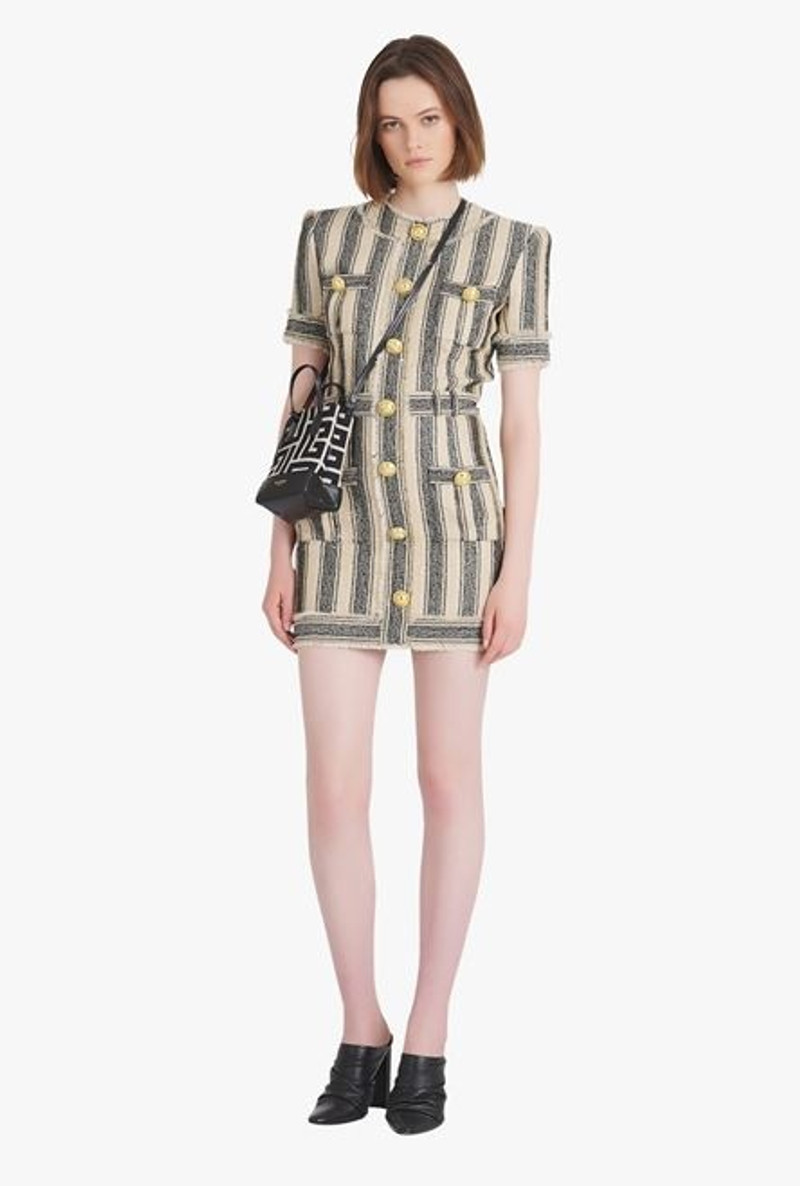 Balmain Short ecru and black cotton piqué dress with gold-tone buttons outlook