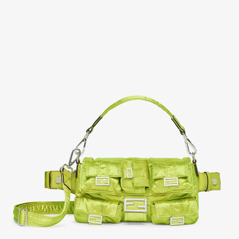 Baguette Multipocket bag made of green shiny recycled nylon, with five patch pockets in different si 1