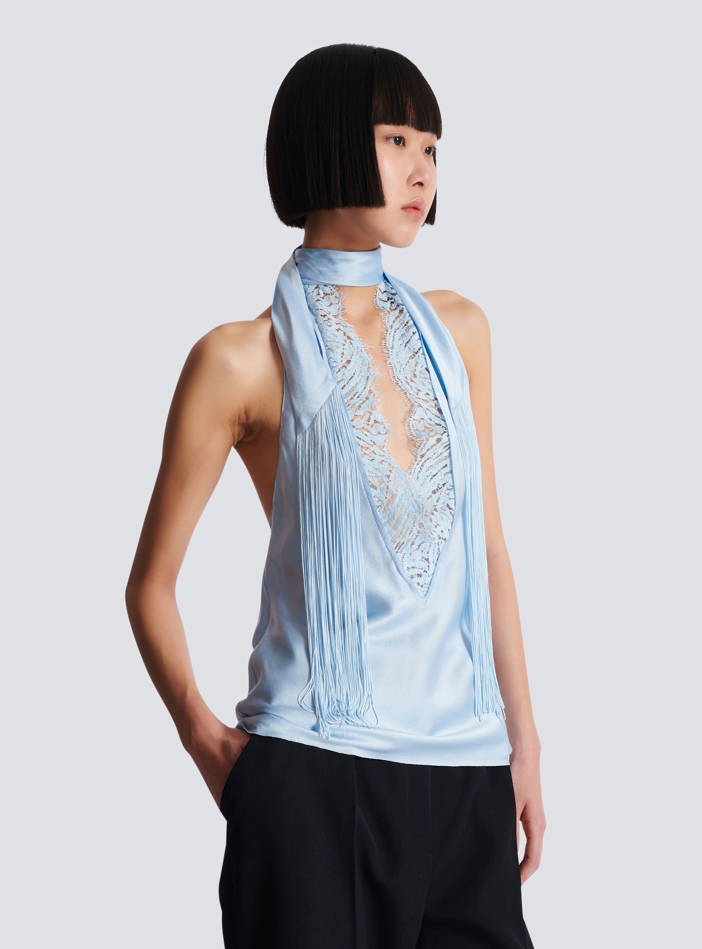 Backless fringed satin top - 6