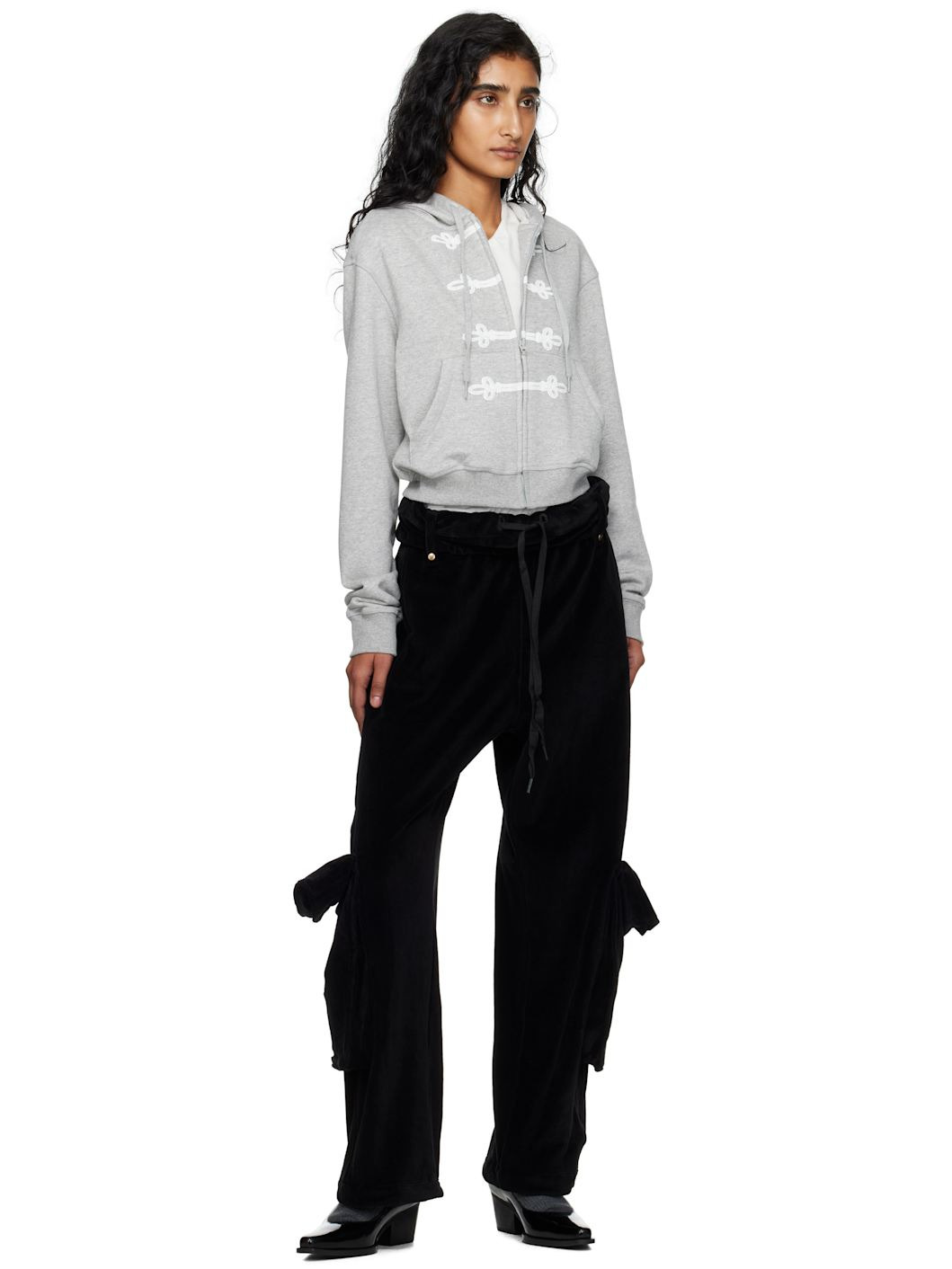 Black Rolled Waist Velour Cargo Pants - 4