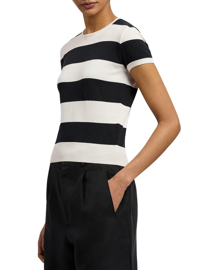 Women's Striped Cotton-Silk Short-Sleeve Sweater - Lux Cream Black 4