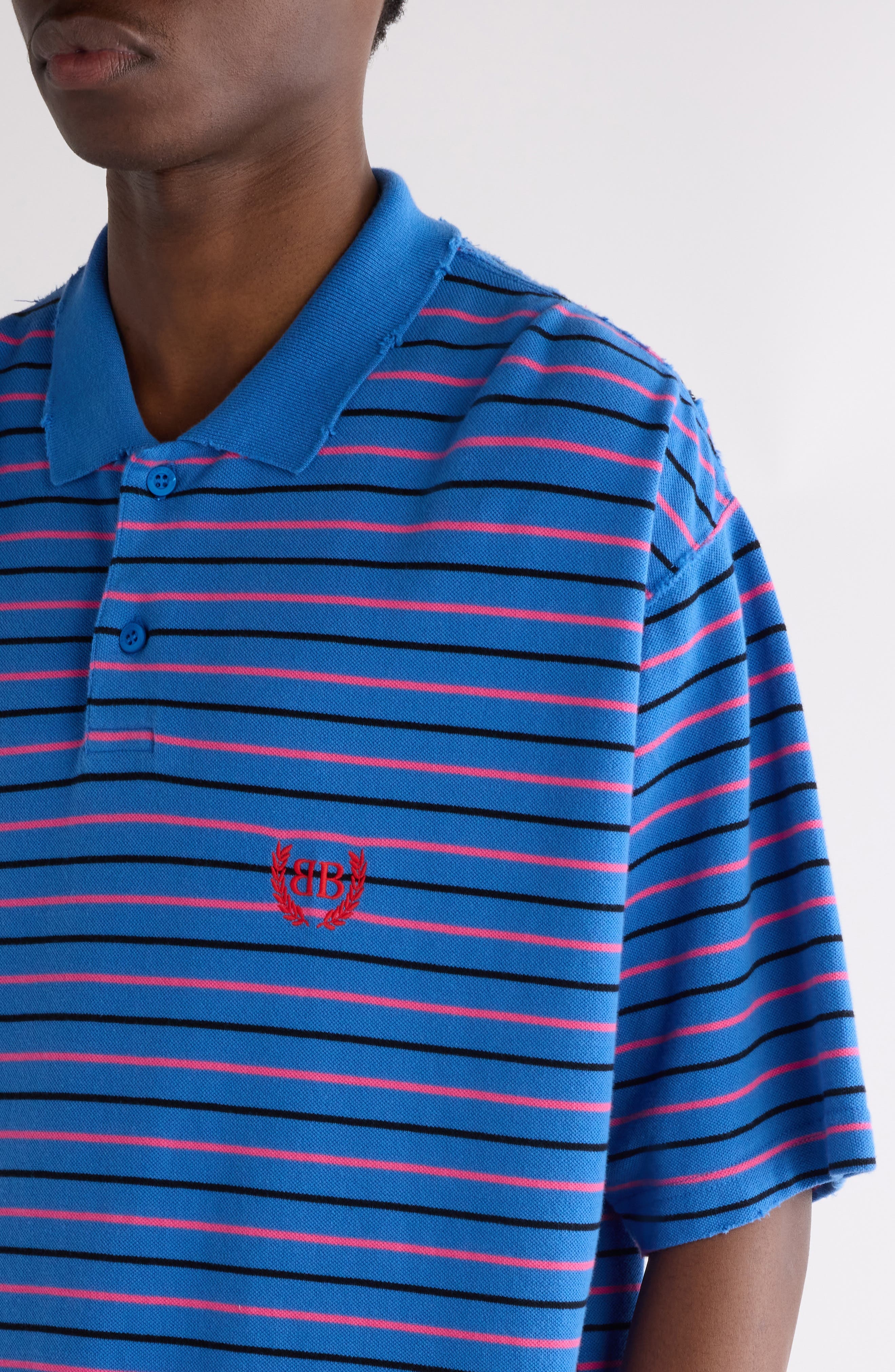 Balenciaga Laurel Embroidered Oversize Cotton Piqué Polo in 4326 Blue/Pink at Nordstrom - 5