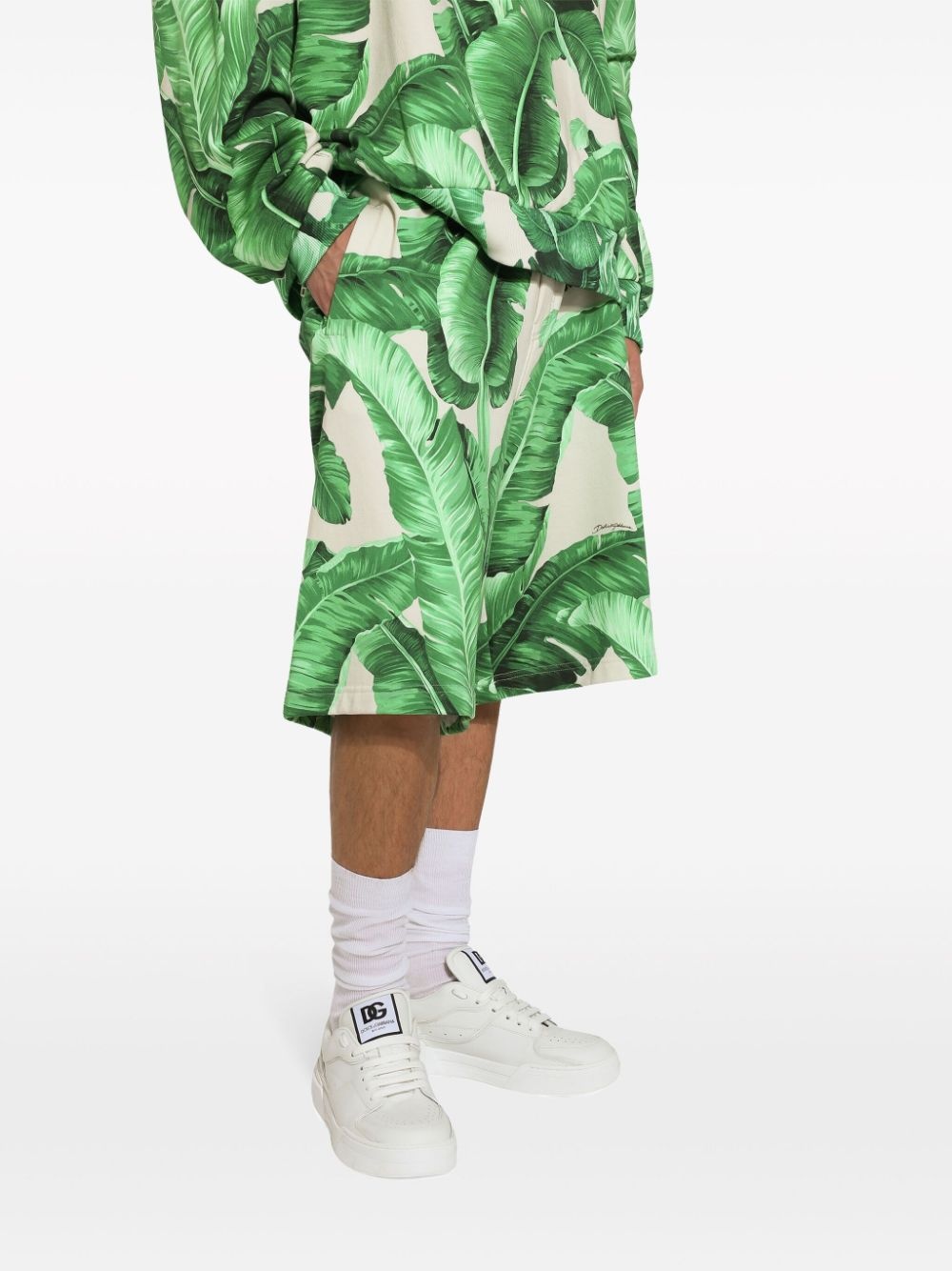 leaf-print cotton track shorts - 5