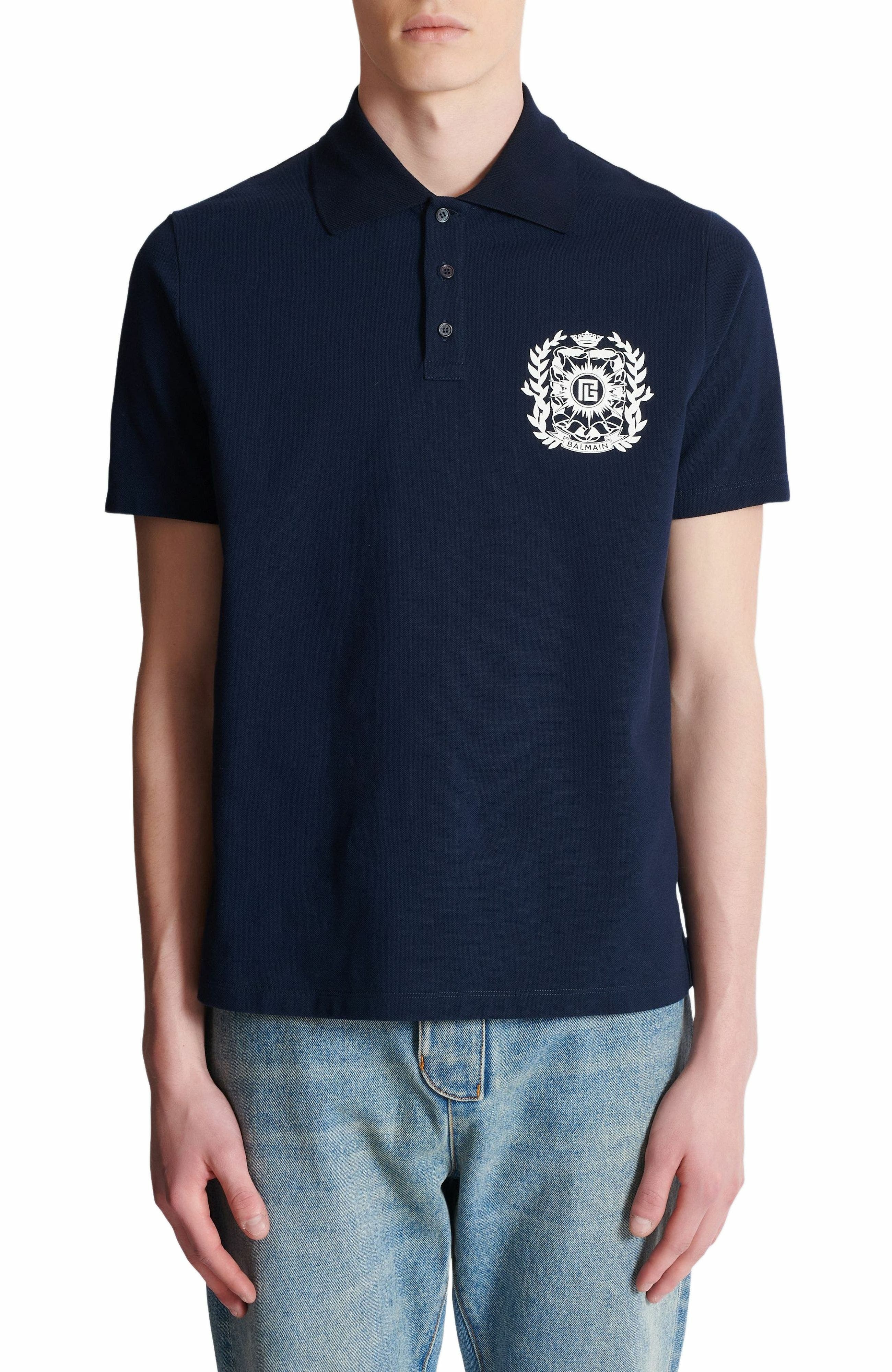 Balmain Cotton polo shirt with Écusson print in Navy at Nordstrom - 7