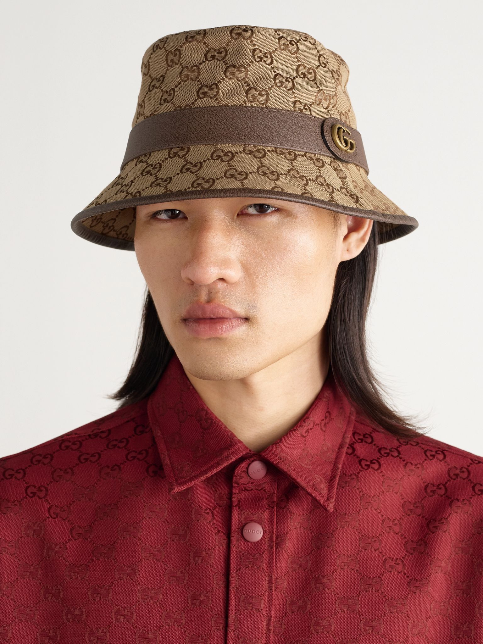 Leather-Trimmed Monogrammed Canvas Bucket Hat Brown - 2