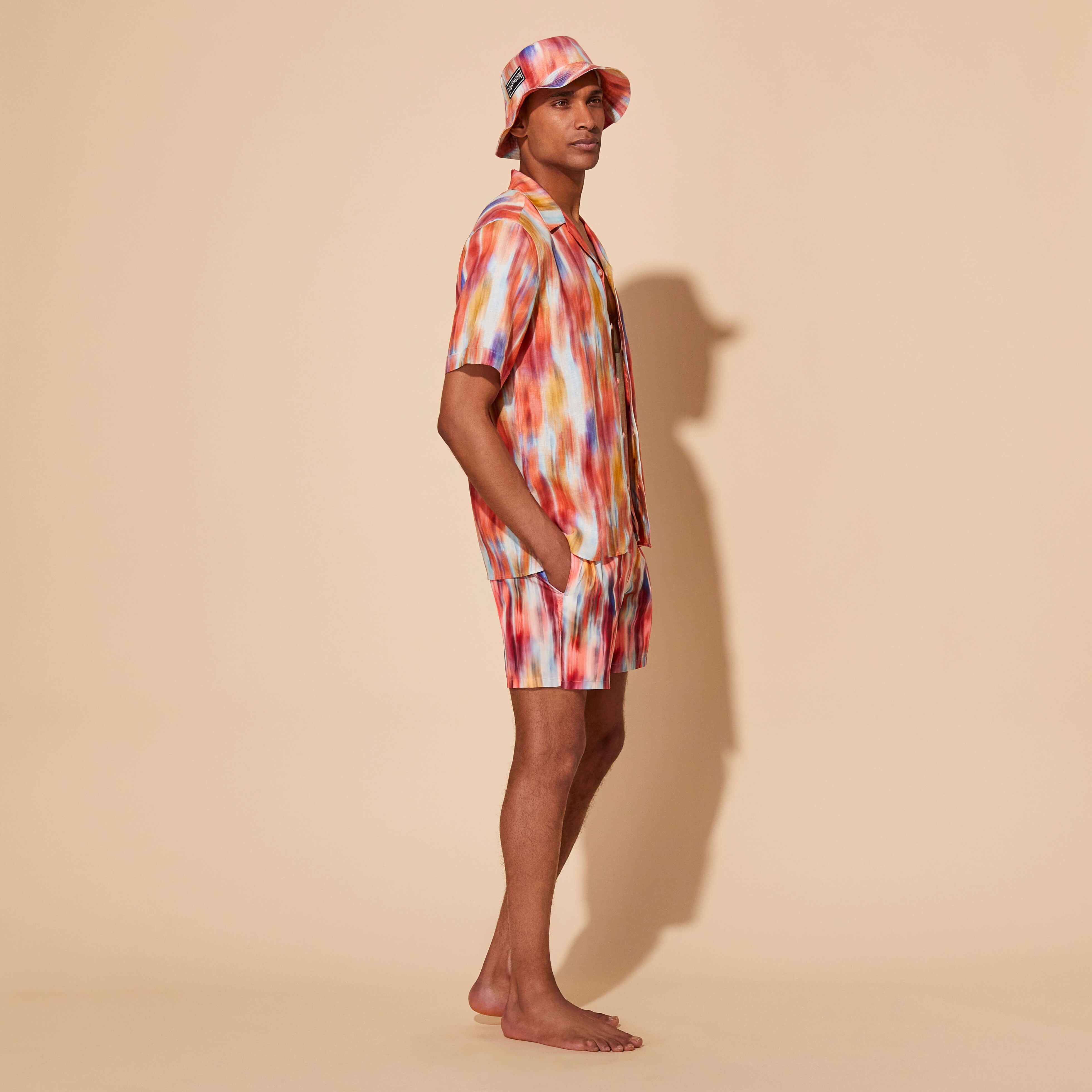 Men Linen Bowling Shirt Ikat Flowers - 5