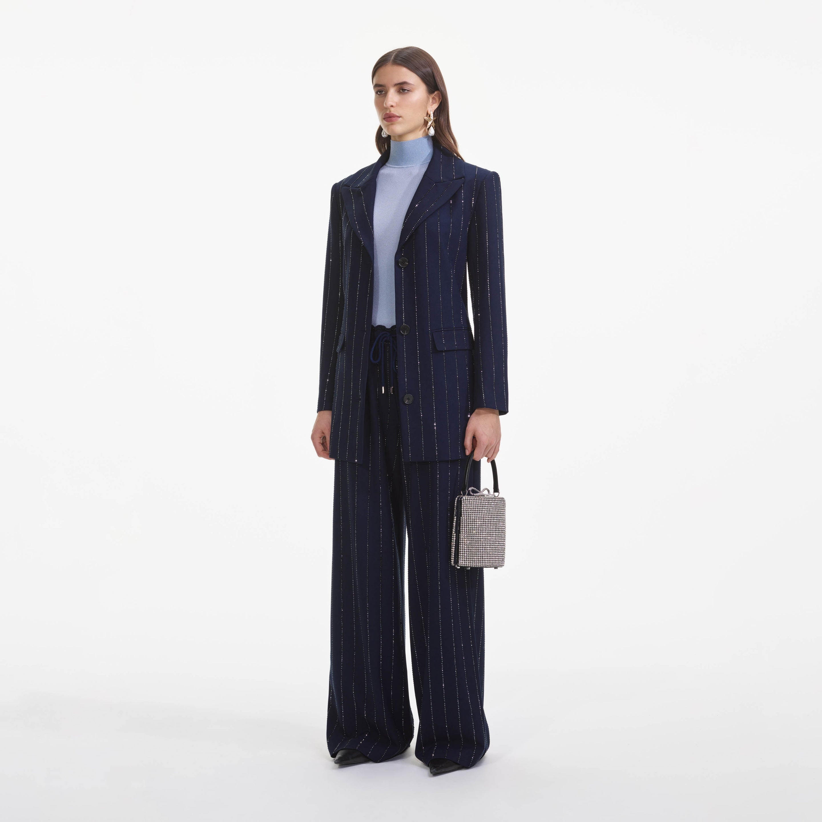 Navy Rhinestone Pinstripe Trousers - 2