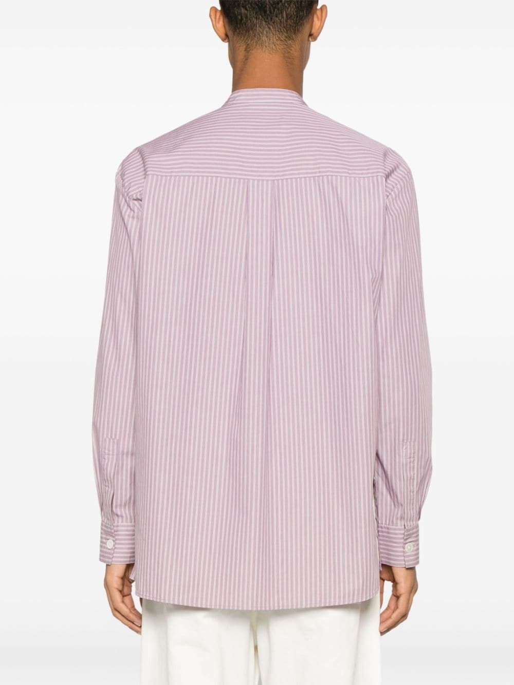 stripe-pattern collarless shirt - 4